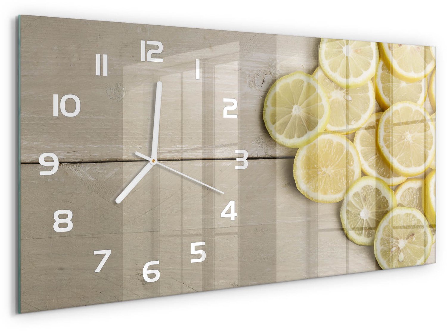 TULUP Wandklok - Citroenhout Gekleurde Glazen Klok - 60x30 cm - Geel Glazen Klok Met Print - Witte handen - Rechthoekige Klok - Moderne Wandklok Glas - Wandklok Glas Decoratie