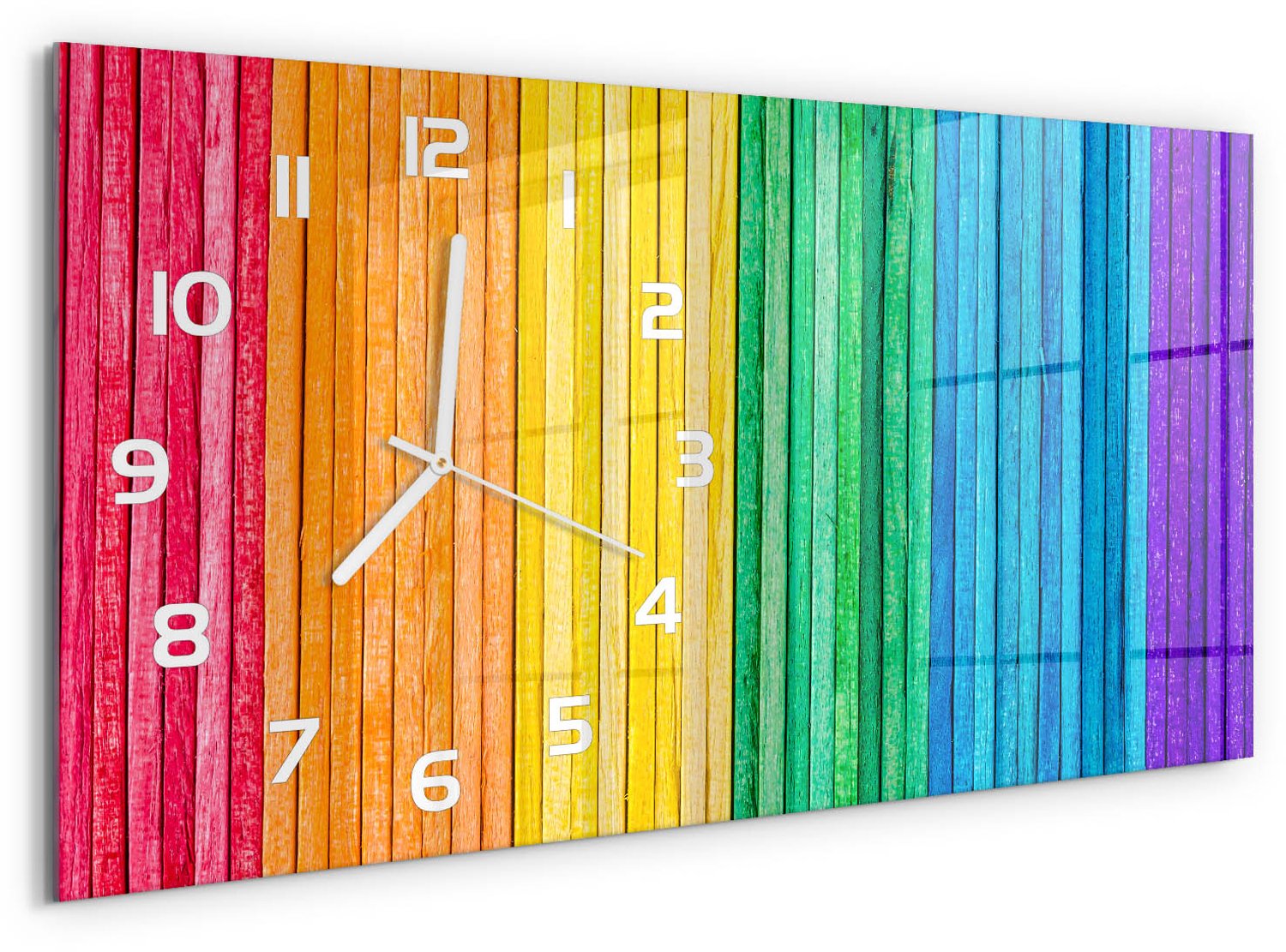 TULUP Wandklok - Kleurrijke strepen Klok Glas Met Opdruk - 60x30 cm - Veelkleurig Moderne Wandklok Glas - Witte handen - Rechthoekige Klok - Decoratieve Glazen Klok - Glazen Wandklok Design