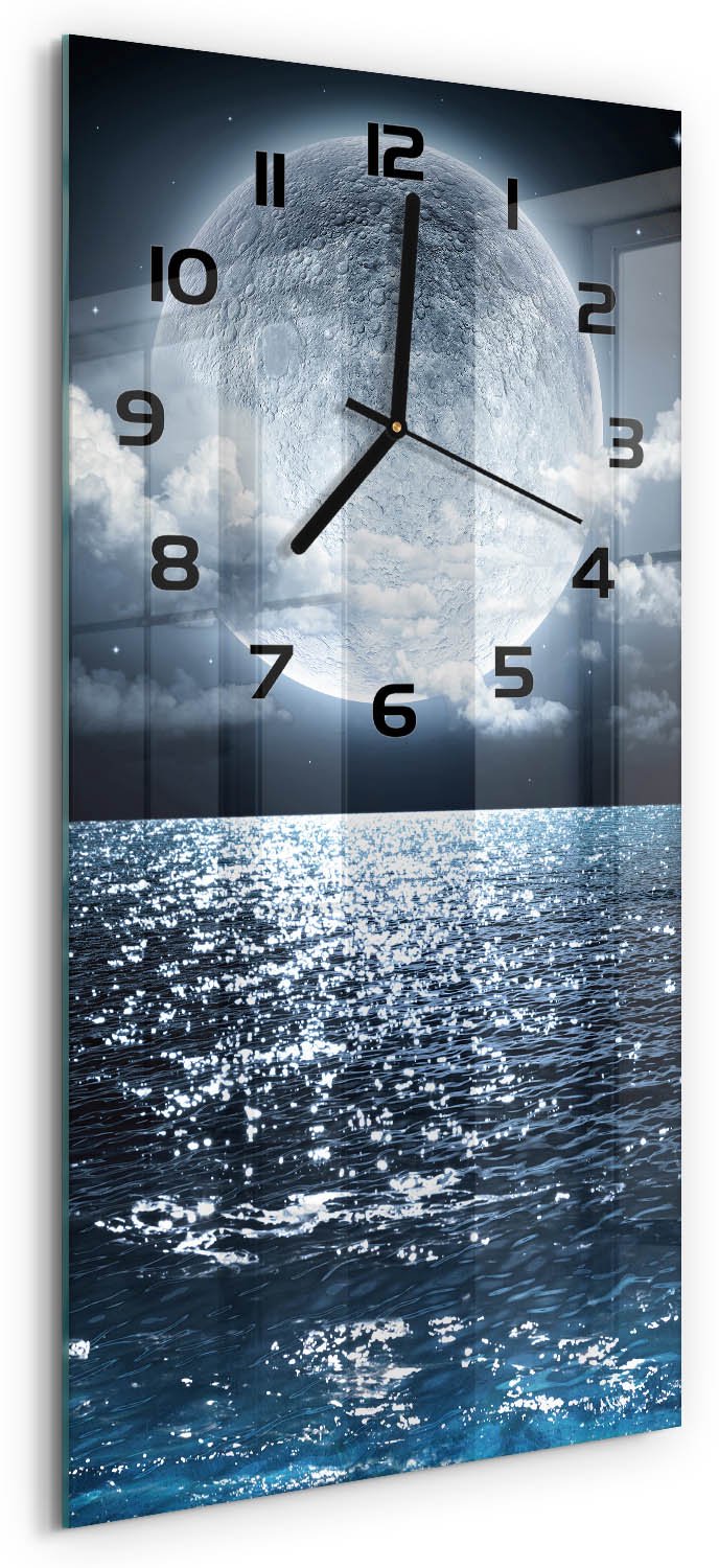 Tulup Wandklok - Volle maan Decoratieve Glazen Klok - 30x60 cm - Blauw Glazen Wandklok Design - Zwarte handen - Rechthoekige Klok - Glazen Klok Met Print - Wandklok Glas Met Motief