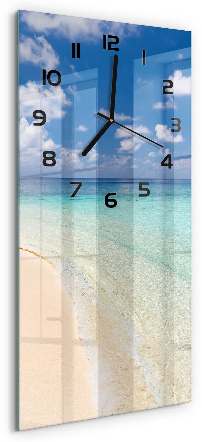 Tulup Wandklok - Strand op de Malediven Decoratieve Glazen Klok - 30x60 cm - Blauw Glazen Wandklok Design - Zwarte handen - Rechthoekige Klok - Glazen Klok Met Print - Wandklok Glas Met Motief
