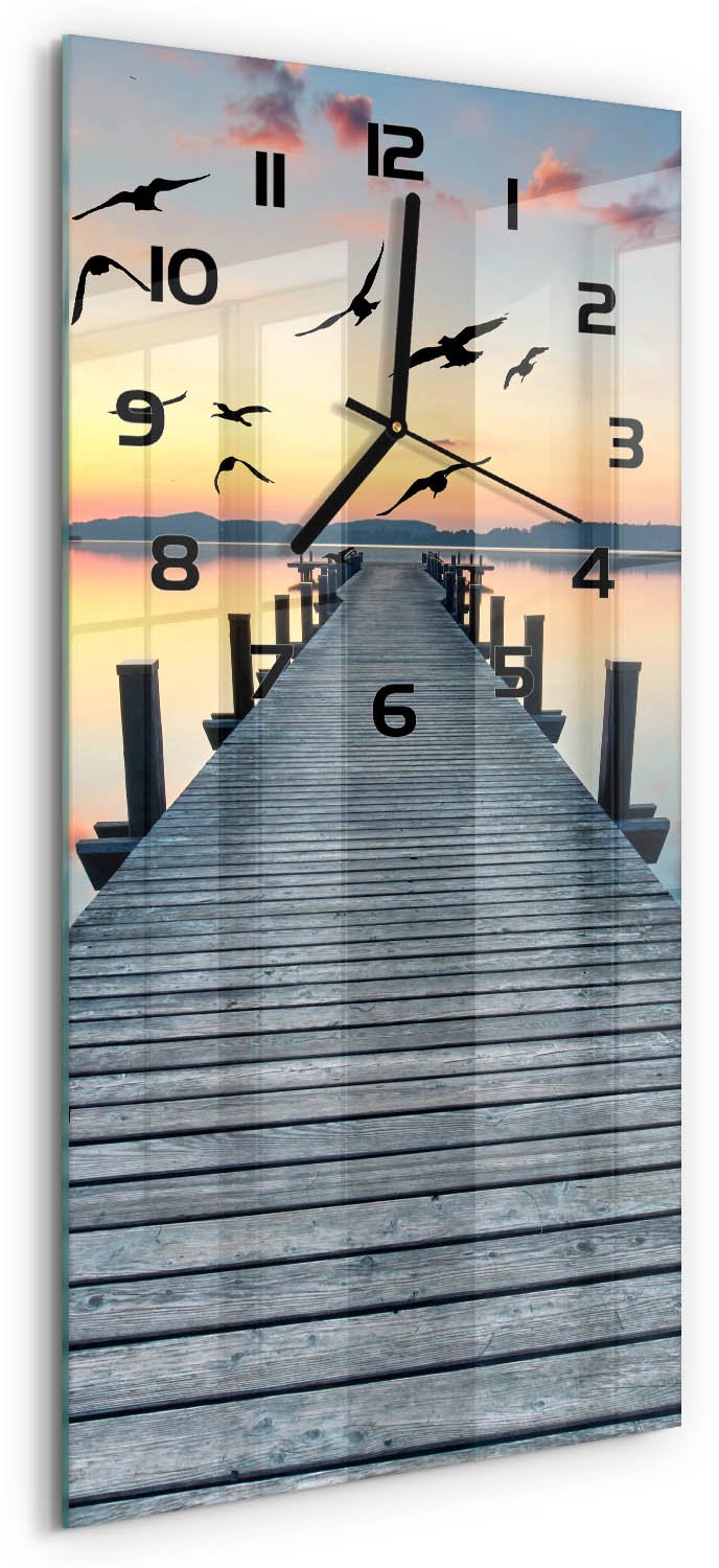 Tulup Wandklok - Houten brug Klok Glas Met Opdruk - 30x60 cm - Blauw Moderne Wandklok Glas - Zwarte handen - Rechthoekige Klok - Decoratieve Glazen Klok - Glazen Wandklok Design