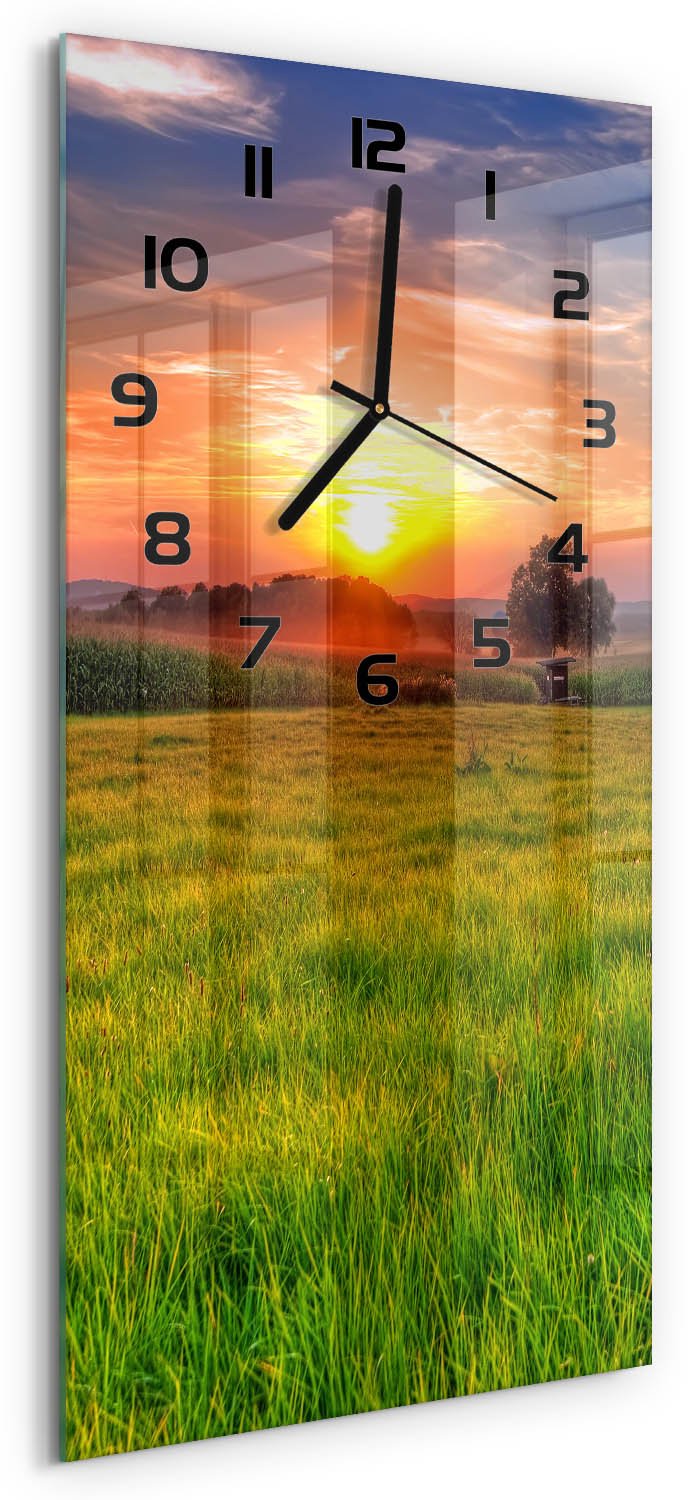Tulup Wandklok - Zonsondergang Wandklok Glas Met Motief - 30x60 cm - Groente Decoratieve Glazen Klok - Zwarte handen - Rechthoekige Klok - Gekleurde Glazen Klok - Glazen Klok Met Print