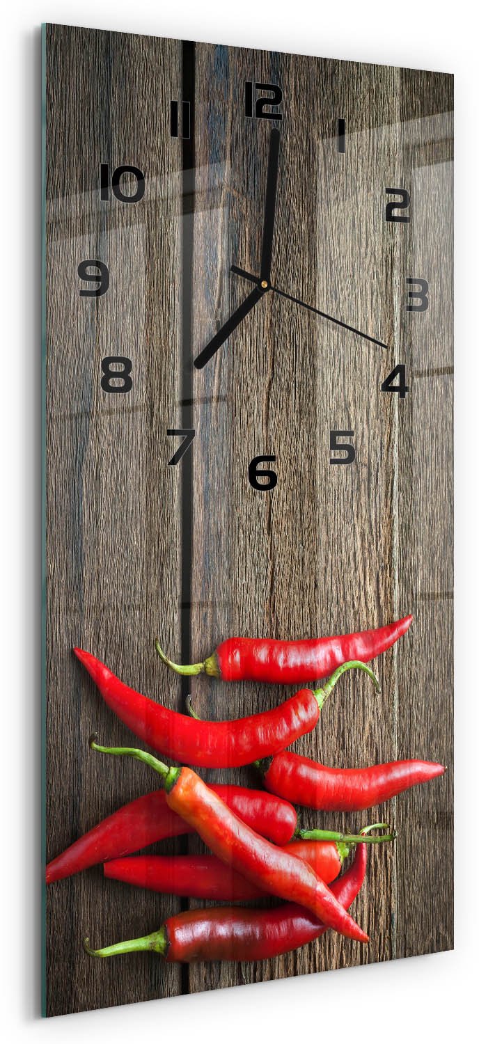 Tulup Wandklok - Chilipepers Wandklok Glas Decoratie - 30x60 cm - Rood Gekleurde Glazen Klok - Zwarte handen - Rechthoekige Klok - Klok Glas Met Opdruk - Moderne Wandklok Glas