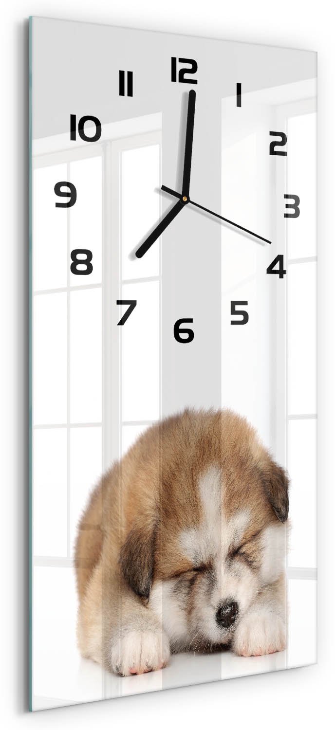 Tulup Wandklok - Akita-puppy Glazen Wandklok Design - 30x60 cm - Oranje Klok Glas Met Opdruk - Zwarte handen - Rechthoekige Klok - Wandklok Glas Met Motief - Decoratieve Glazen Klok