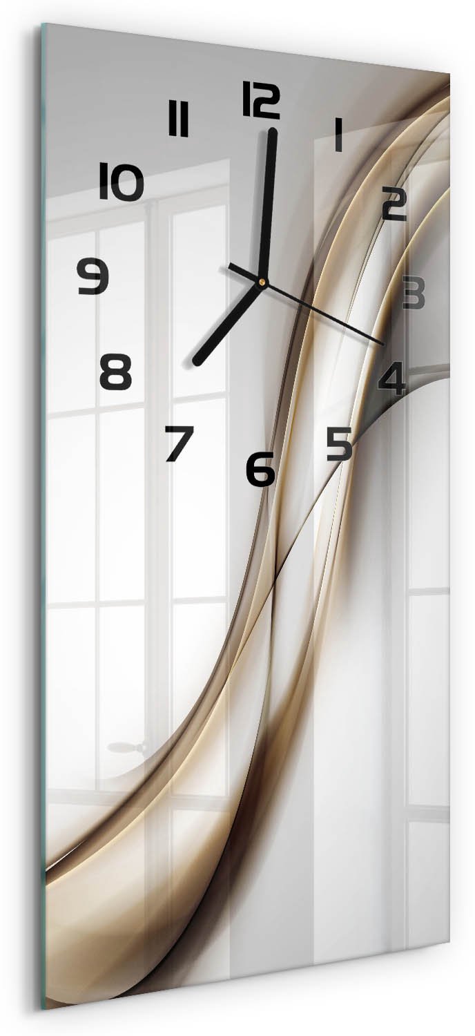 Tulup Wandklok - Bruine golf Moderne Wandklok Glas - 30x60 cm - Beige Wandklok Glas Decoratie - Zwarte handen - Rechthoekige Klok - Glazen Wandklok Design - Klok Glas Met Opdruk