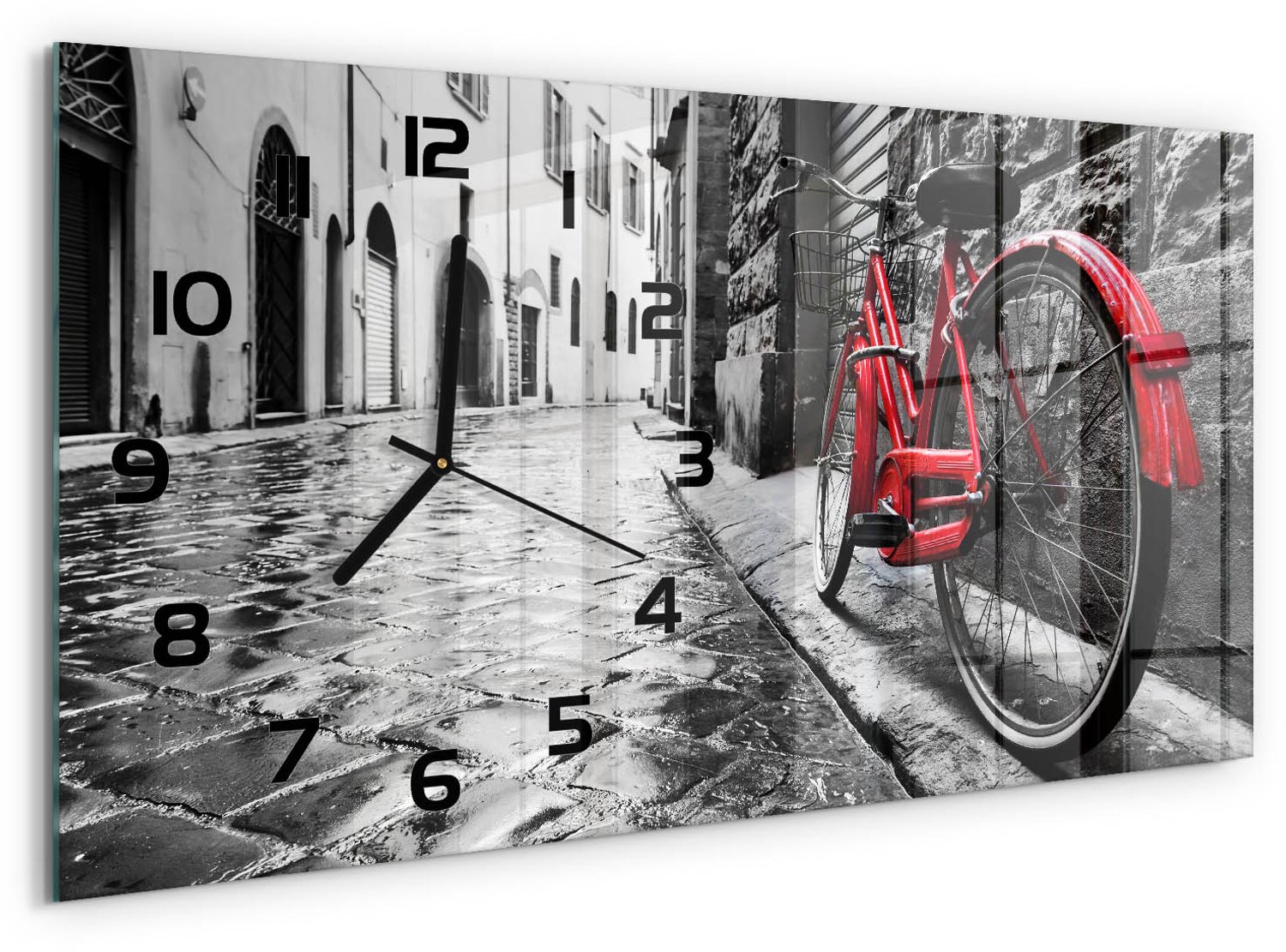 TULUP Wandklok - Rode fiets Glazen Wandklok Design - 60x30 cm - Rood Klok Glas Met Opdruk - Zwarte handen - Rechthoekige Klok - Wandklok Glas Met Motief - Decoratieve Glazen Klok