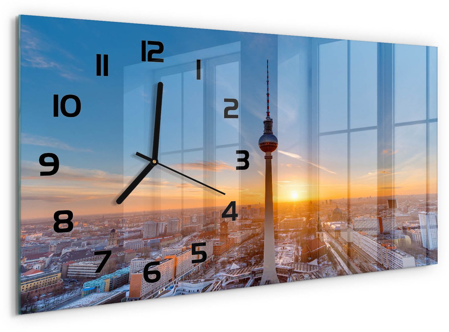 TULUP Wandklok - TV-toren Klok Glas Met Opdruk - 60x30 cm - Veelkleurig Moderne Wandklok Glas - Zwarte handen - Rechthoekige Klok - Decoratieve Glazen Klok - Glazen Wandklok Design
