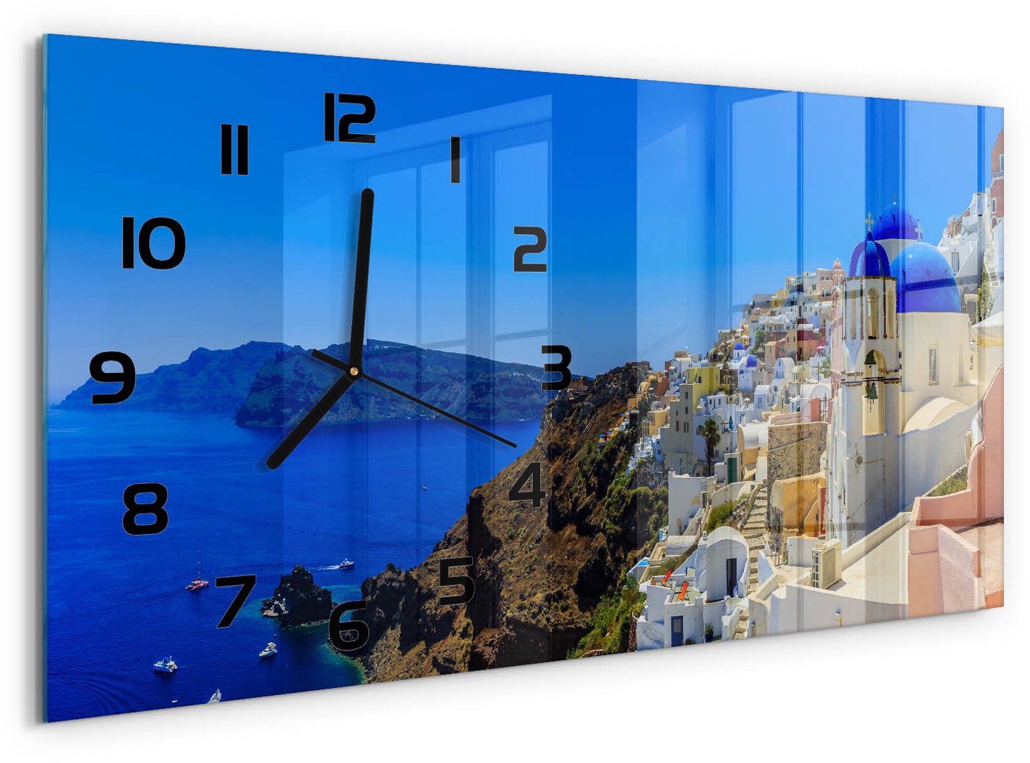TULUP Wandklok - Santorini, Griekenland Wandklok Glas Met Motief - 60x30 cm - Blauw Decoratieve Glazen Klok - Zwarte handen - Rechthoekige Klok - Gekleurde Glazen Klok - Glazen Klok Met Print