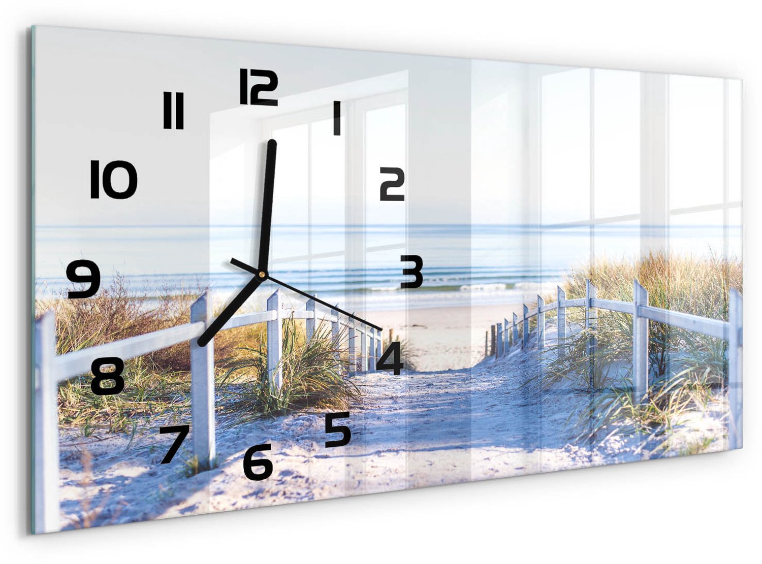 TULUP Wandklok - Kustduinen Glazen Wandklok Design - 60x30 cm - Beige Klok Glas Met Opdruk - Zwarte handen - Rechthoekige Klok - Wandklok Glas Met Motief - Decoratieve Glazen Klok