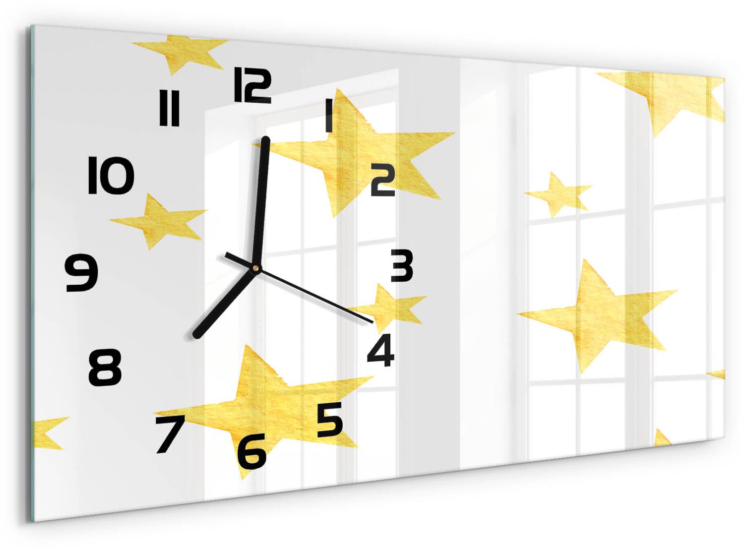 TULUP Wandklok - Gele Ster Klok Glas Met Opdruk - 60x30 cm - Geel Moderne Wandklok Glas - Zwarte handen - Rechthoekige Klok - Decoratieve Glazen Klok - Glazen Wandklok Design
