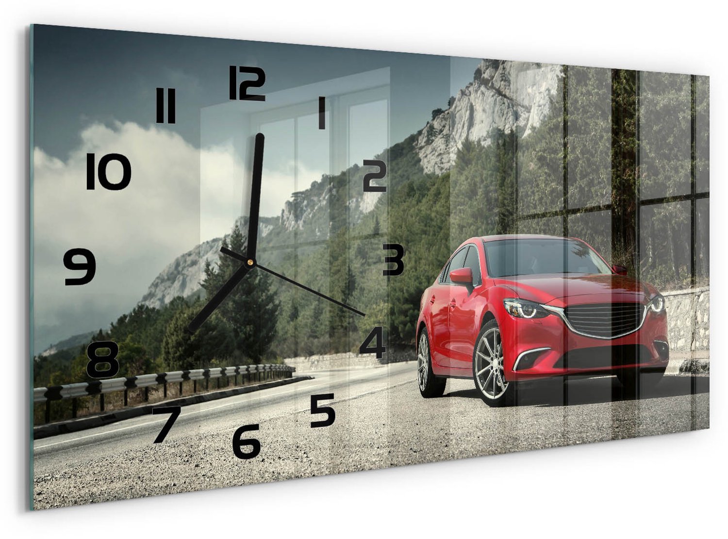 TULUP Wandklok - Auto in de bergen Wandklok Glas Decoratie - 60x30 cm - Rood Gekleurde Glazen Klok - Zwarte handen - Rechthoekige Klok - Klok Glas Met Opdruk - Moderne Wandklok Glas