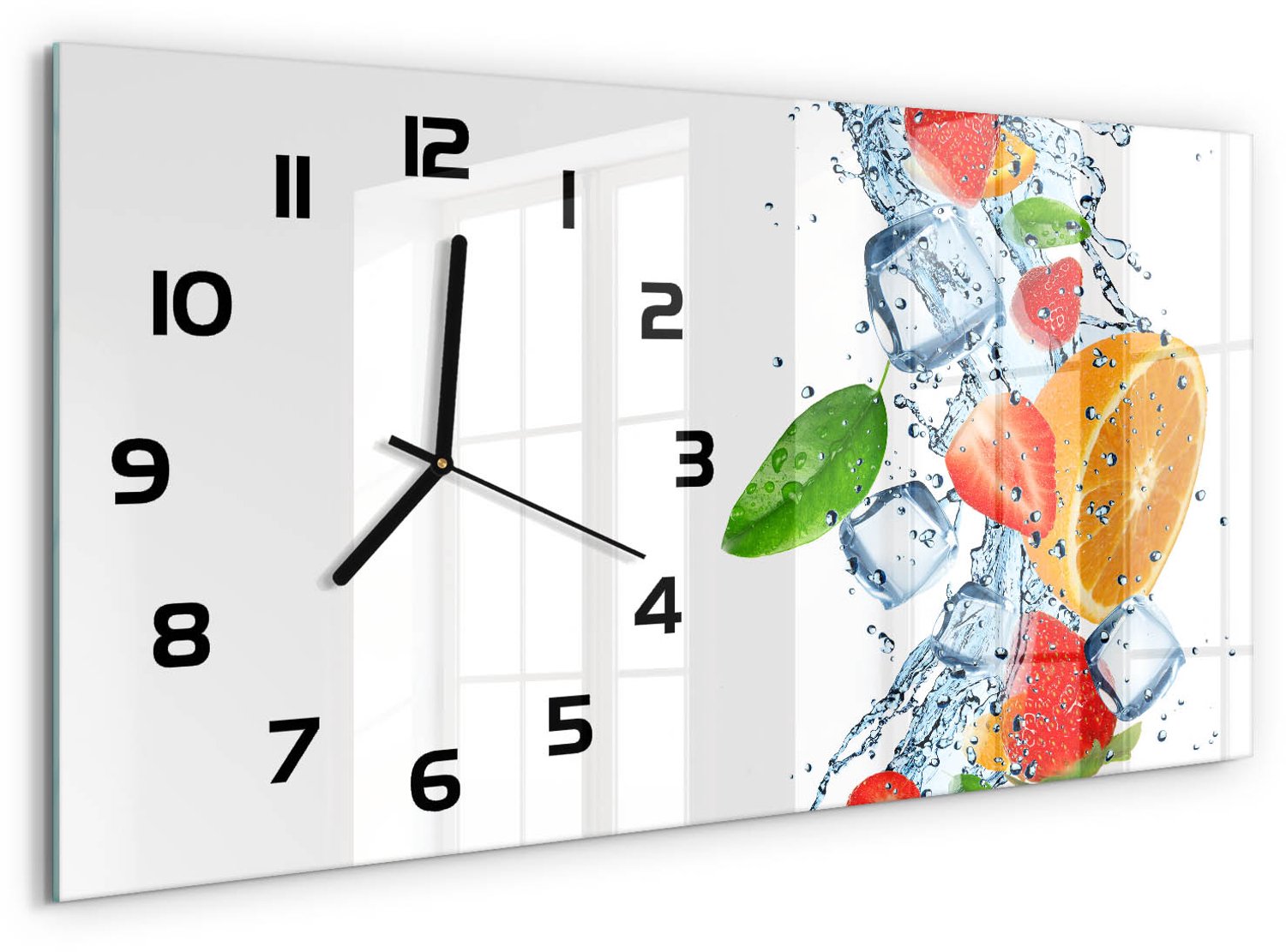 TULUP Wandklok - Fruit met ijs Glazen Wandklok Design - 60x30 cm - Veelkleurig Klok Glas Met Opdruk - Zwarte handen - Rechthoekige Klok - Wandklok Glas Met Motief - Decoratieve Glazen Klok