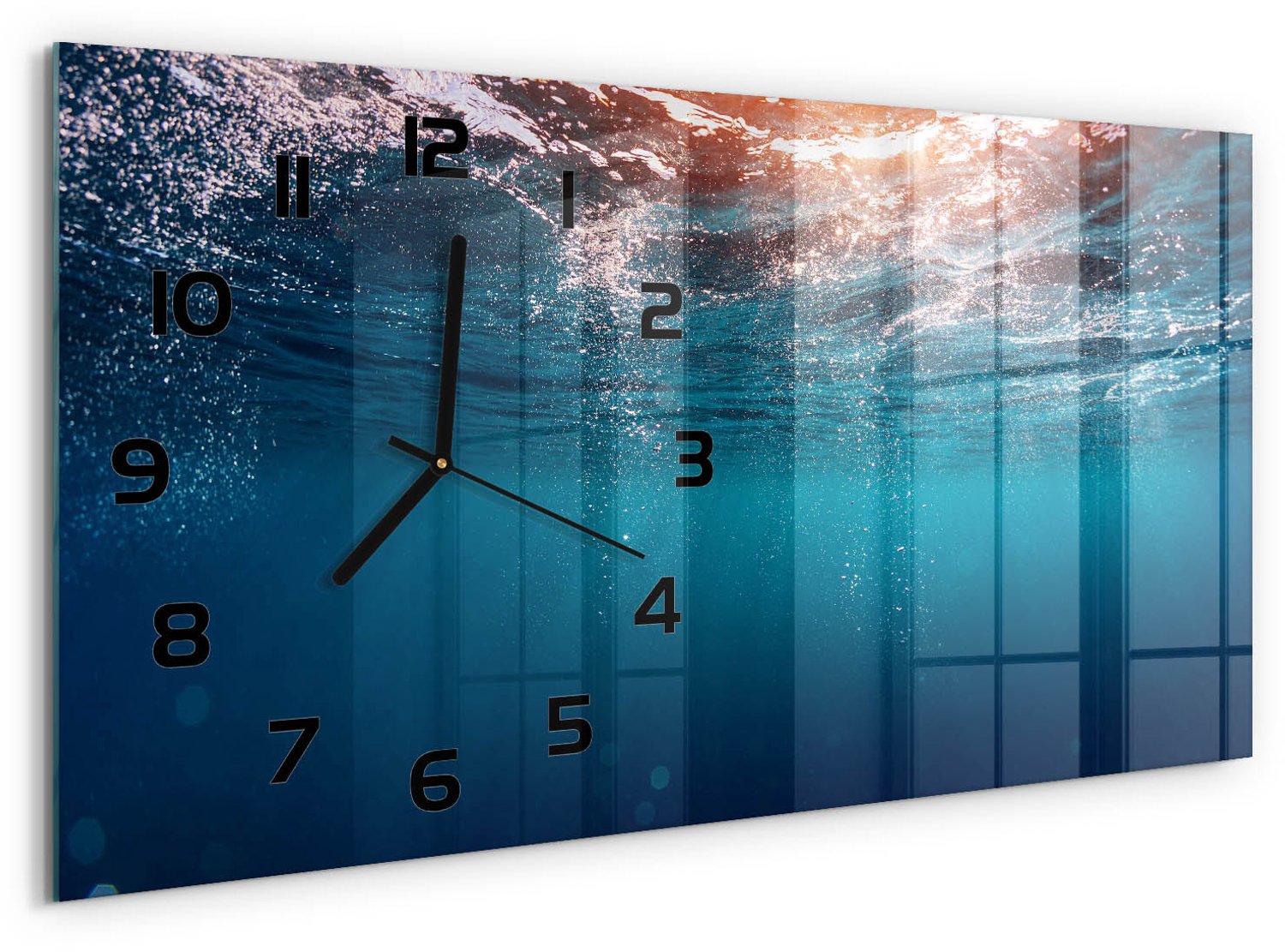 TULUP Wandklok - Onderwaterwereld Wandklok Glas Decoratie - 60x30 cm - Blauw Gekleurde Glazen Klok - Zwarte handen - Rechthoekige Klok - Klok Glas Met Opdruk - Moderne Wandklok Glas