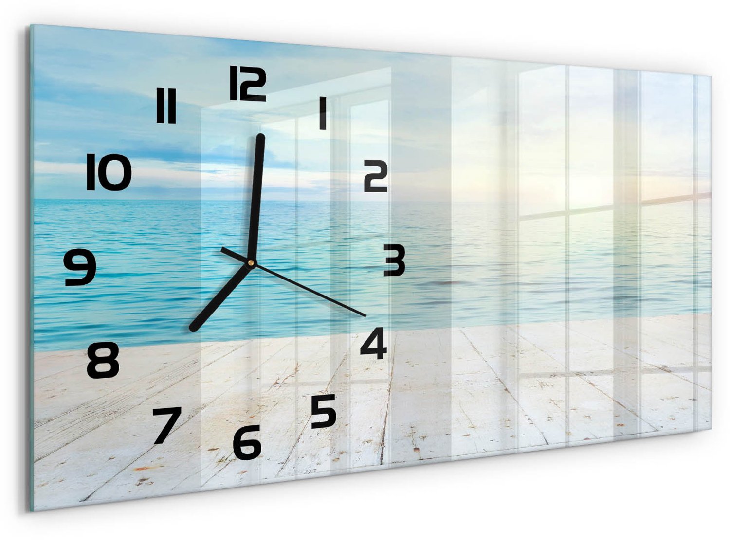 TULUP Wandklok - Zee Moderne Wandklok Glas - 60x30 cm - Blauw Wandklok Glas Decoratie - Zwarte handen - Rechthoekige Klok - Glazen Wandklok Design - Klok Glas Met Opdruk