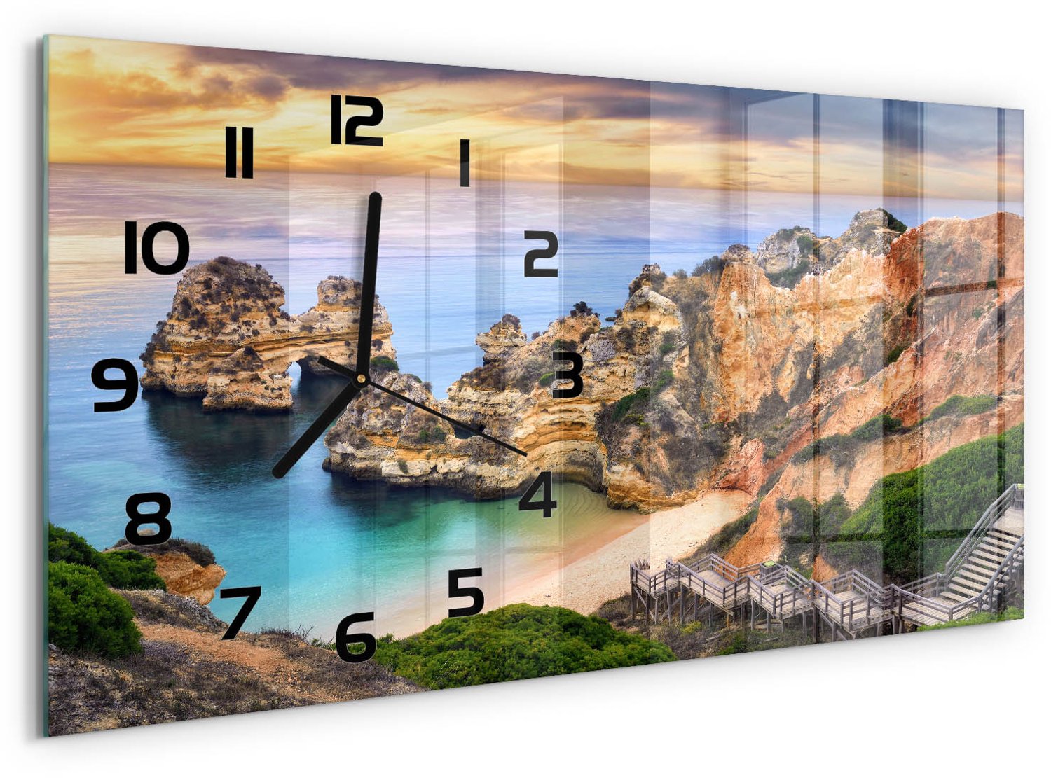 TULUP Wandklok - Lagos Portugal Glazen Wandklok Design - 60x30 cm - Veelkleurig Klok Glas Met Opdruk - Zwarte handen - Rechthoekige Klok - Wandklok Glas Met Motief - Decoratieve Glazen Klok