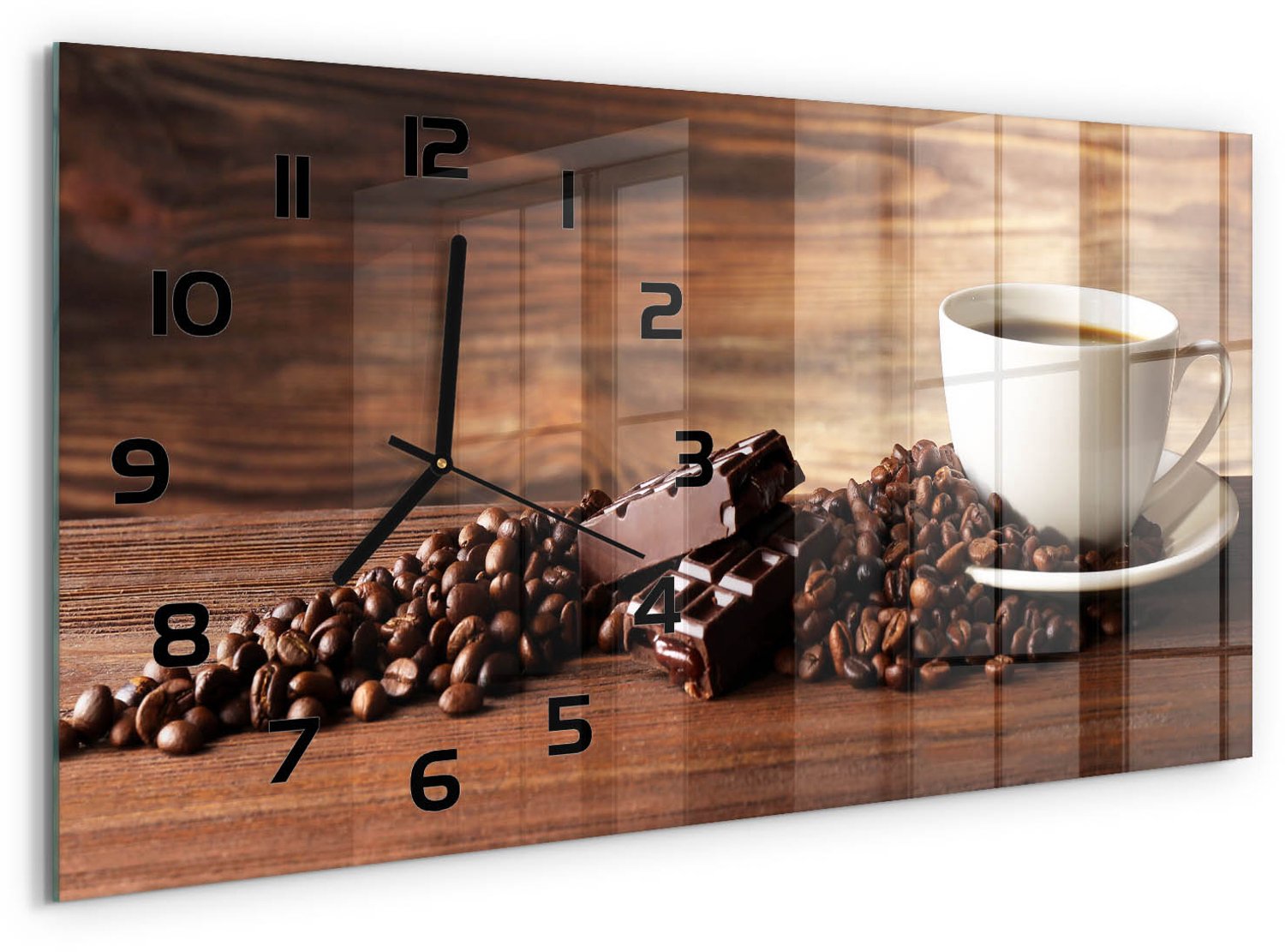 TULUP Wandklok - Koffie en chocolade Wandklok Glas Decoratie - 60x30 cm - Bruin Gekleurde Glazen Klok - Zwarte handen - Rechthoekige Klok - Klok Glas Met Opdruk - Moderne Wandklok Glas