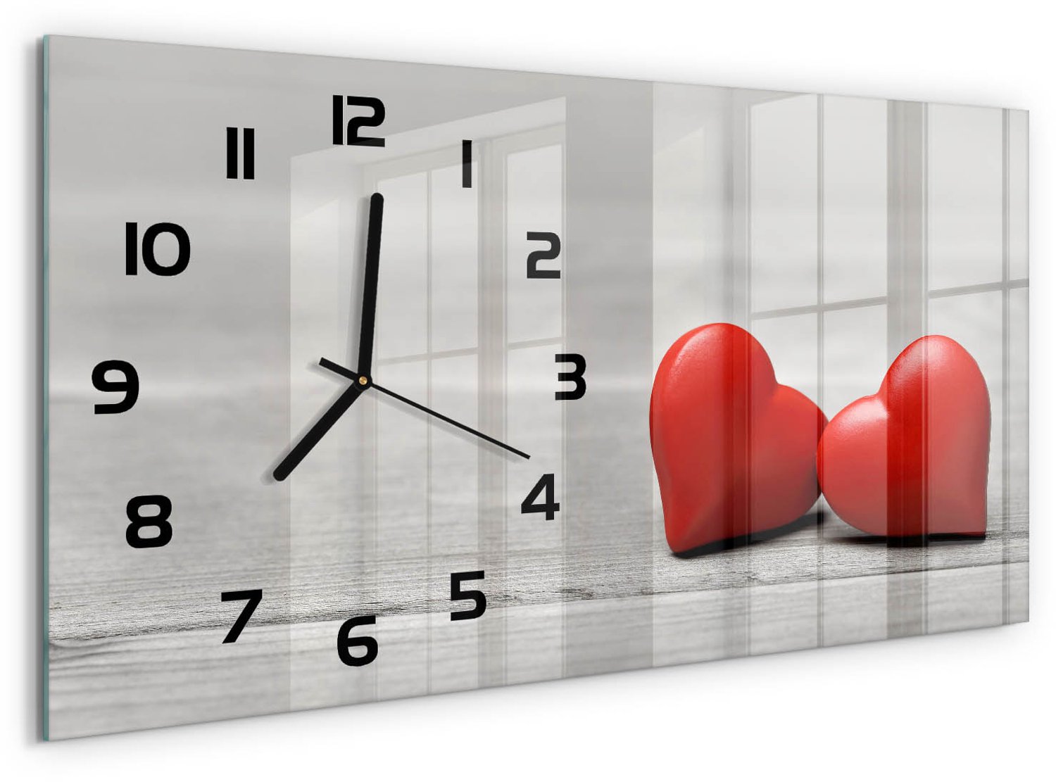 TULUP Wandklok - Harten op hout Glazen Wandklok Design - 60x30 cm - Rood Klok Glas Met Opdruk - Zwarte handen - Rechthoekige Klok - Wandklok Glas Met Motief - Decoratieve Glazen Klok