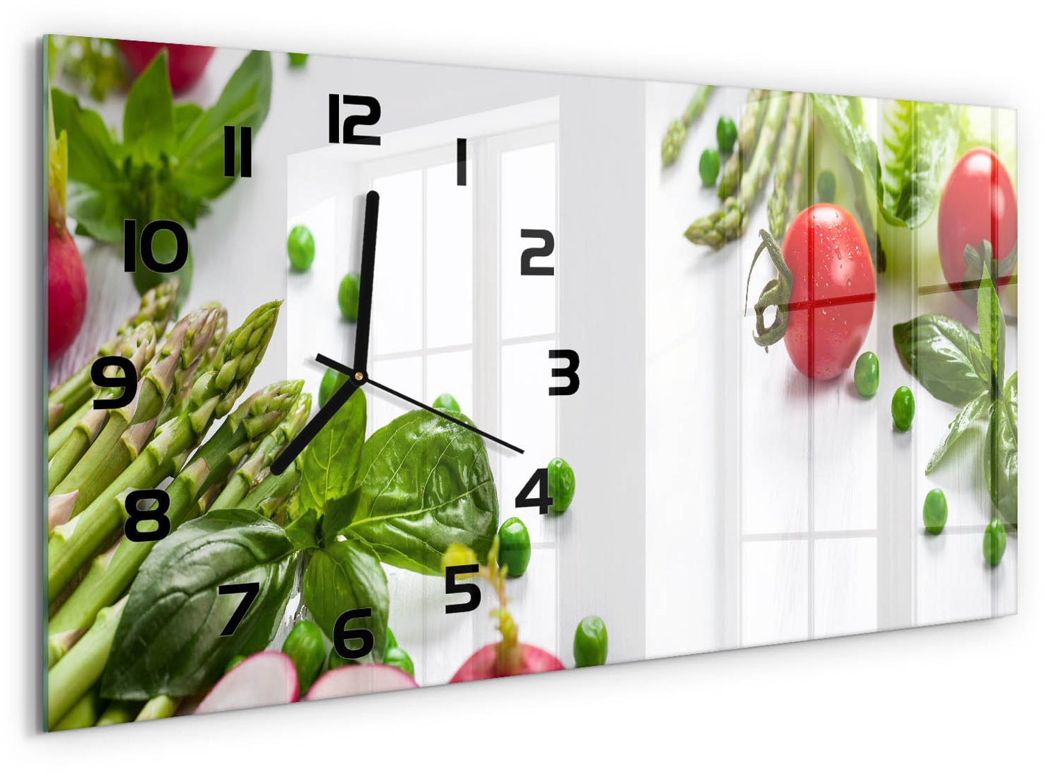 TULUP Wandklok - Verse groenten Moderne Wandklok Glas - 60x30 cm - Rood Wandklok Glas Decoratie - Zwarte handen - Rechthoekige Klok - Glazen Wandklok Design - Klok Glas Met Opdruk
