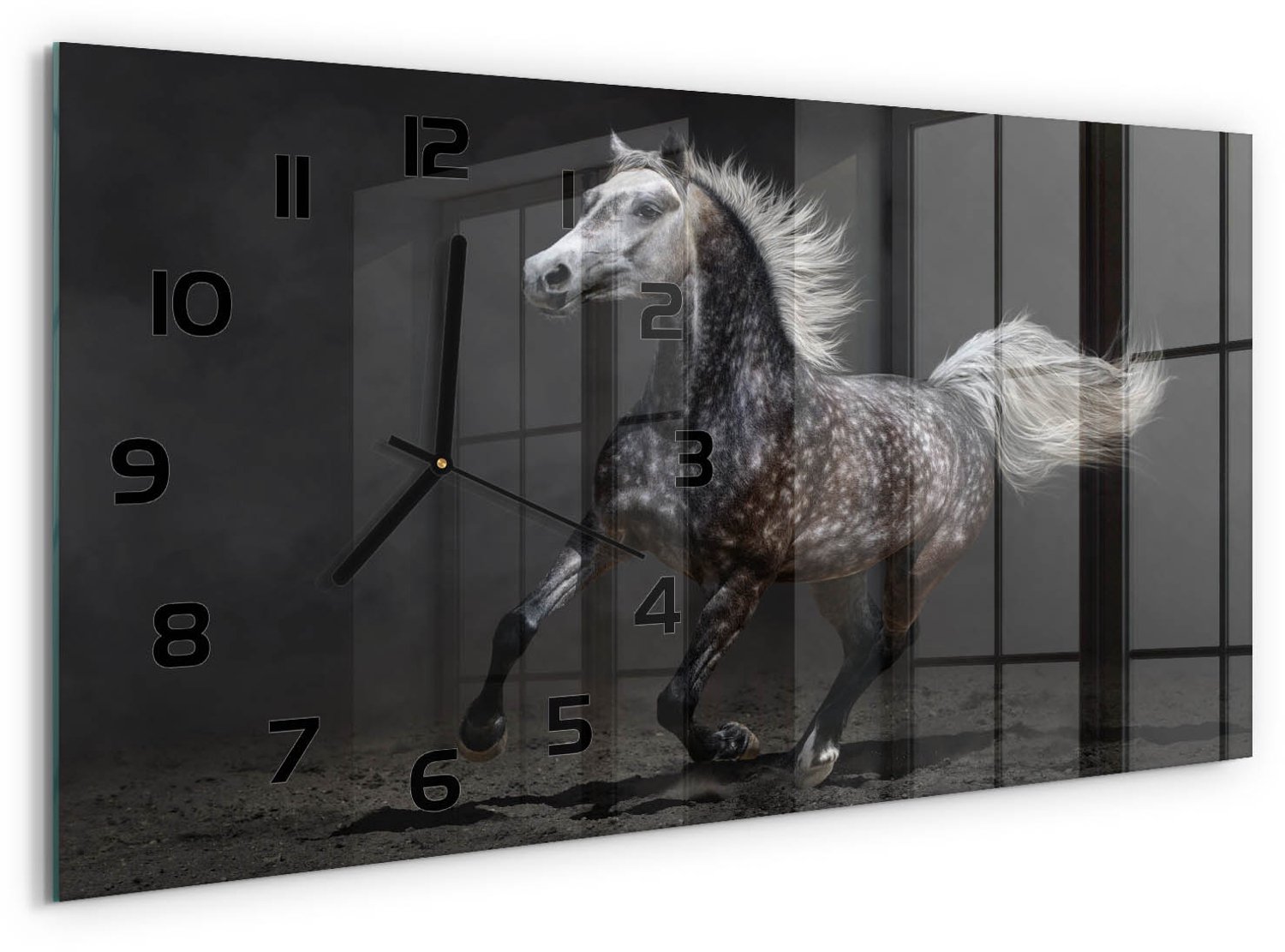 TULUP Wandklok - Grijze Arabische Paard Wandklok Glas Met Motief - 60x30 cm - Zwart Decoratieve Glazen Klok - Zwarte handen - Rechthoekige Klok - Gekleurde Glazen Klok - Glazen Klok Met Print