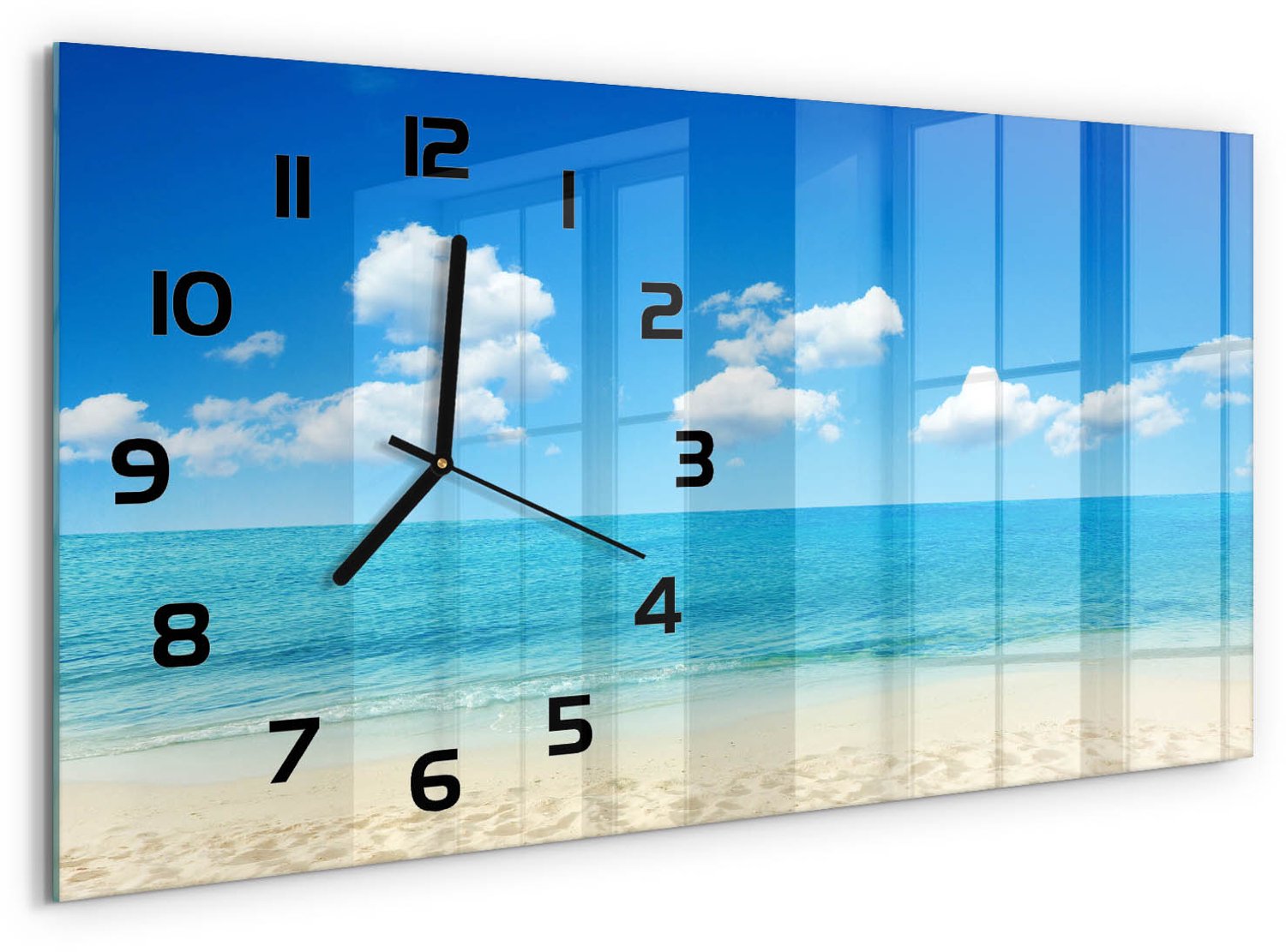 TULUP Wandklok - Paradijsstrand Gekleurde Glazen Klok - 60x30 cm - Blauw Glazen Klok Met Print - Zwarte handen - Rechthoekige Klok - Moderne Wandklok Glas - Wandklok Glas Decoratie