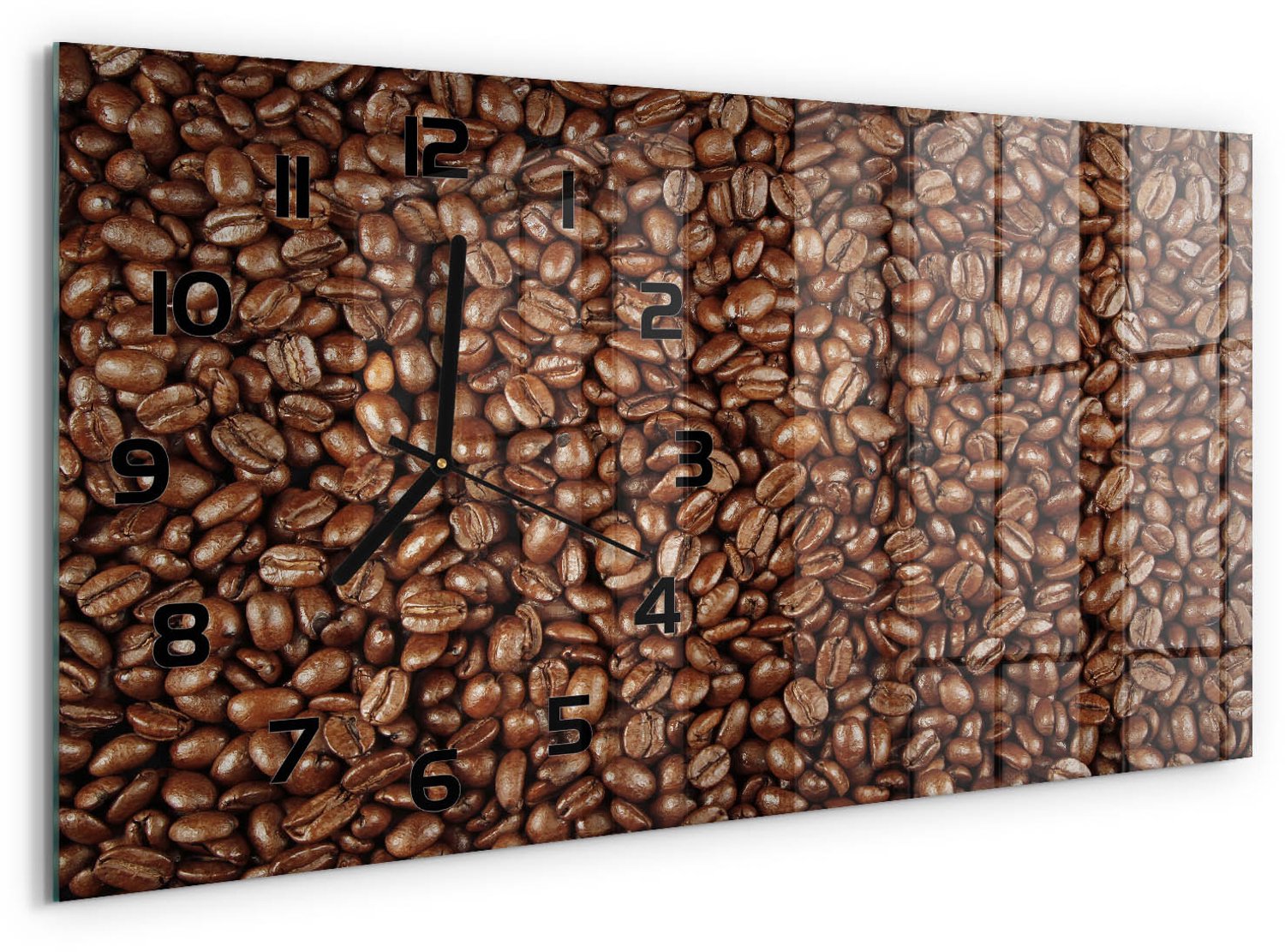 TULUP Wandklok - Koffiebonen Klok Glas Met Opdruk - 60x30 cm - Bruin Moderne Wandklok Glas - Zwarte handen - Rechthoekige Klok - Decoratieve Glazen Klok - Glazen Wandklok Design
