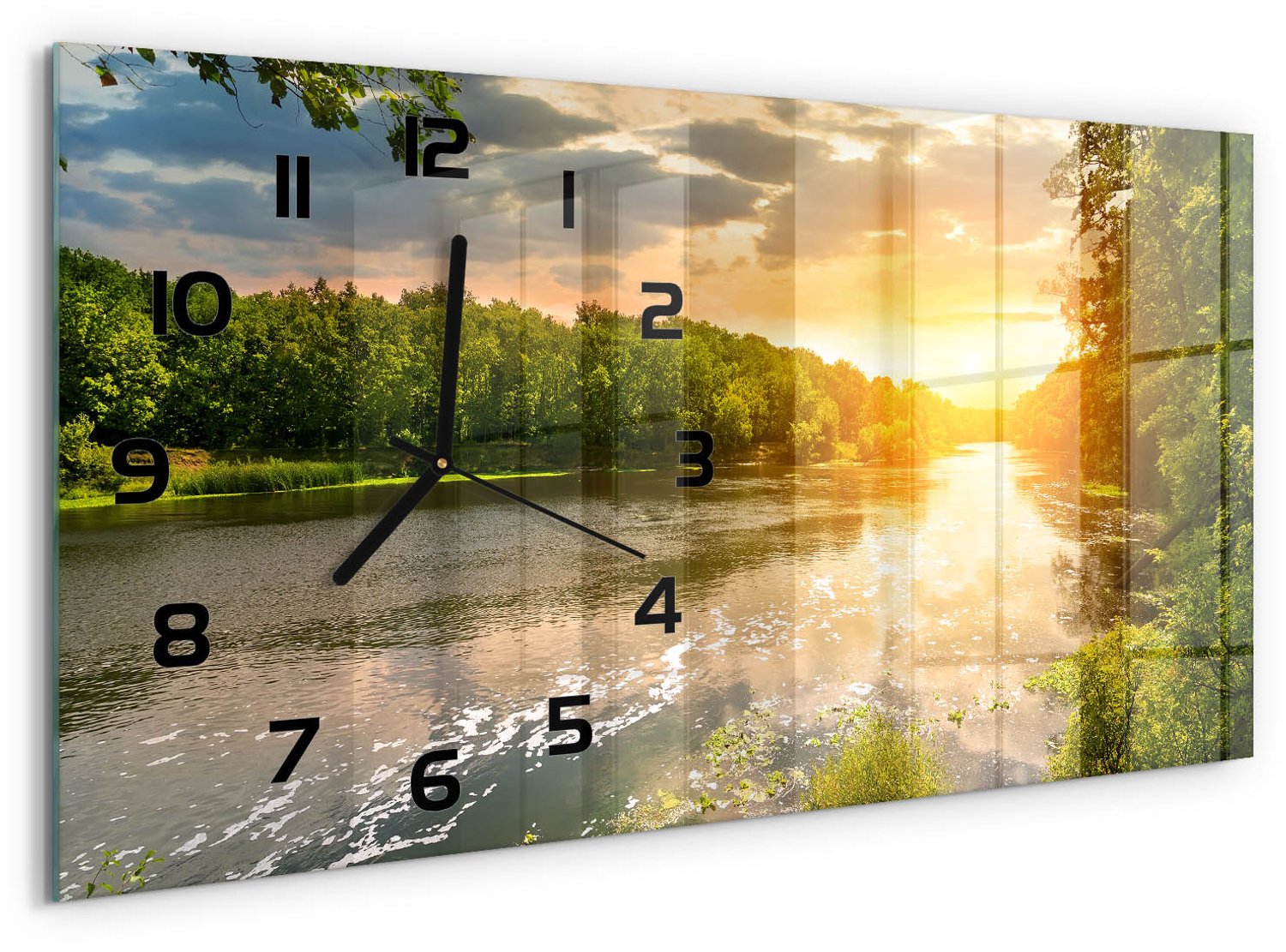 TULUP Wandklok - Schemering aan de rivier Decoratieve Glazen Klok - 60x30 cm - Groente Glazen Wandklok Design - Zwarte handen - Rechthoekige Klok - Glazen Klok Met Print - Wandklok Glas Met Motief