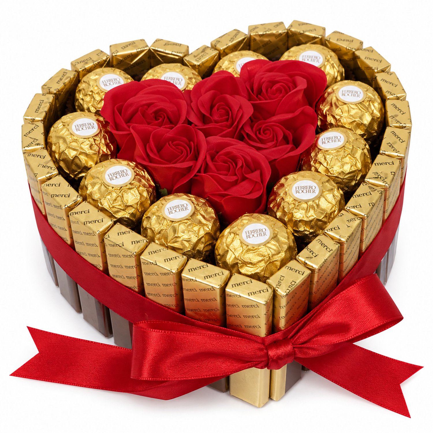 Nina's Giftshop® Chocolade Hart met Merci & Ferrero Rocher – Rode Rozen – Valentijn Cadeau – Chocolade Geschenk – Cadeau voor Hem & Haar – Liefdescadeau – Verjaardag