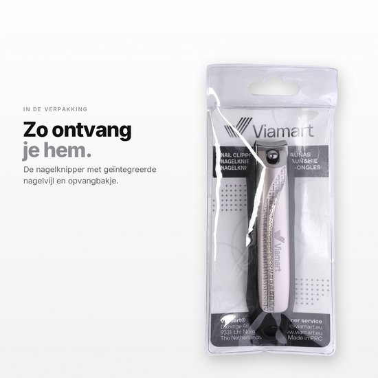 Nagelknipper in verpakking, met geïntegreerde nagelvijl en opvangbakje.