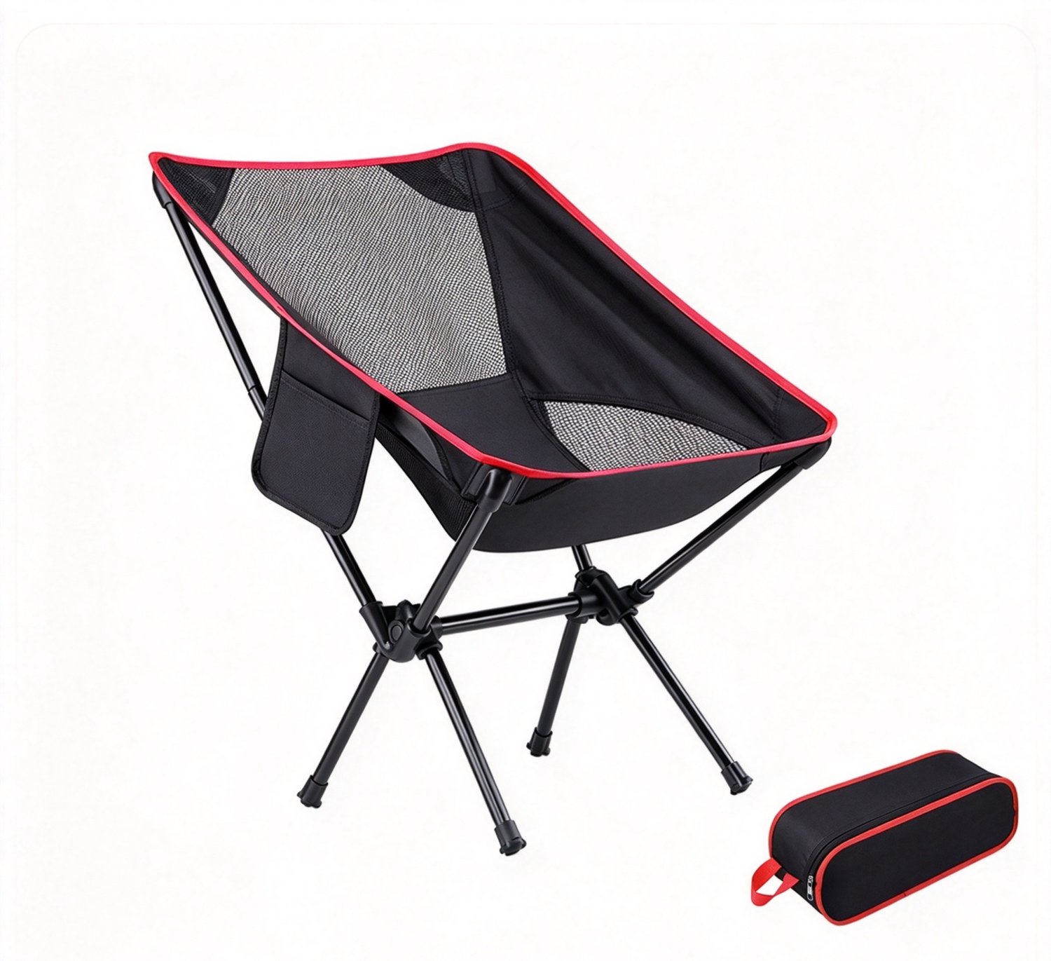Ultralichte opvouwbare campingstoel - 1250 g - Anti-doorzakpoten - Inclusief opbergtas - Zwart met rode accenten en geperforeerd design