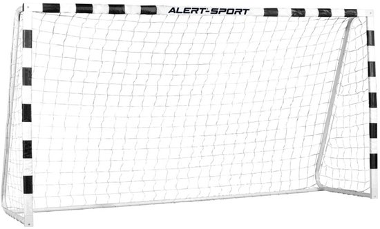 Wit voetbaldoel van Alert-Sport, 300 x 160 x 90 cm, met zwart-witte strepen op de palen en lat.