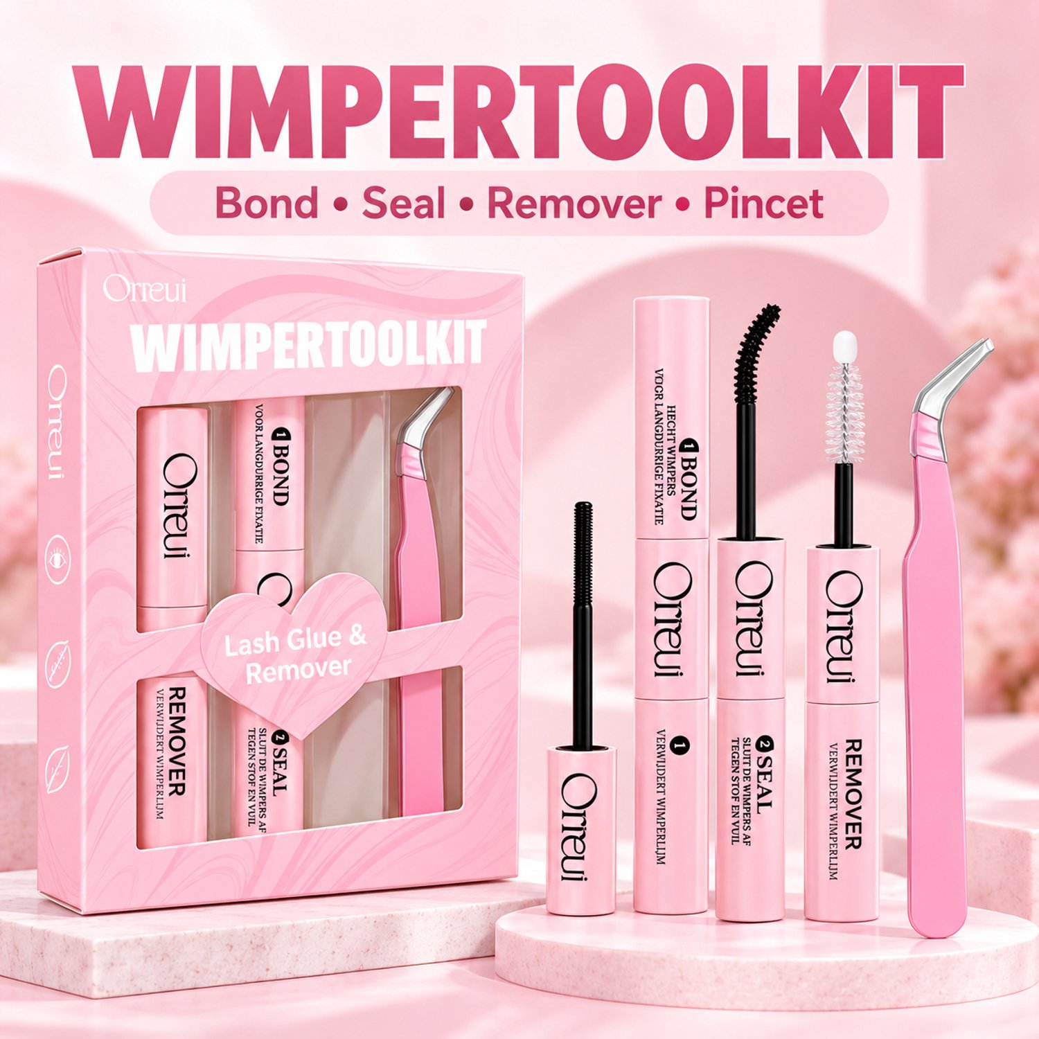 Orreui Wimpercluster Toolkit – Bond & Seal Waterproof, Remover en Pincet – Roze