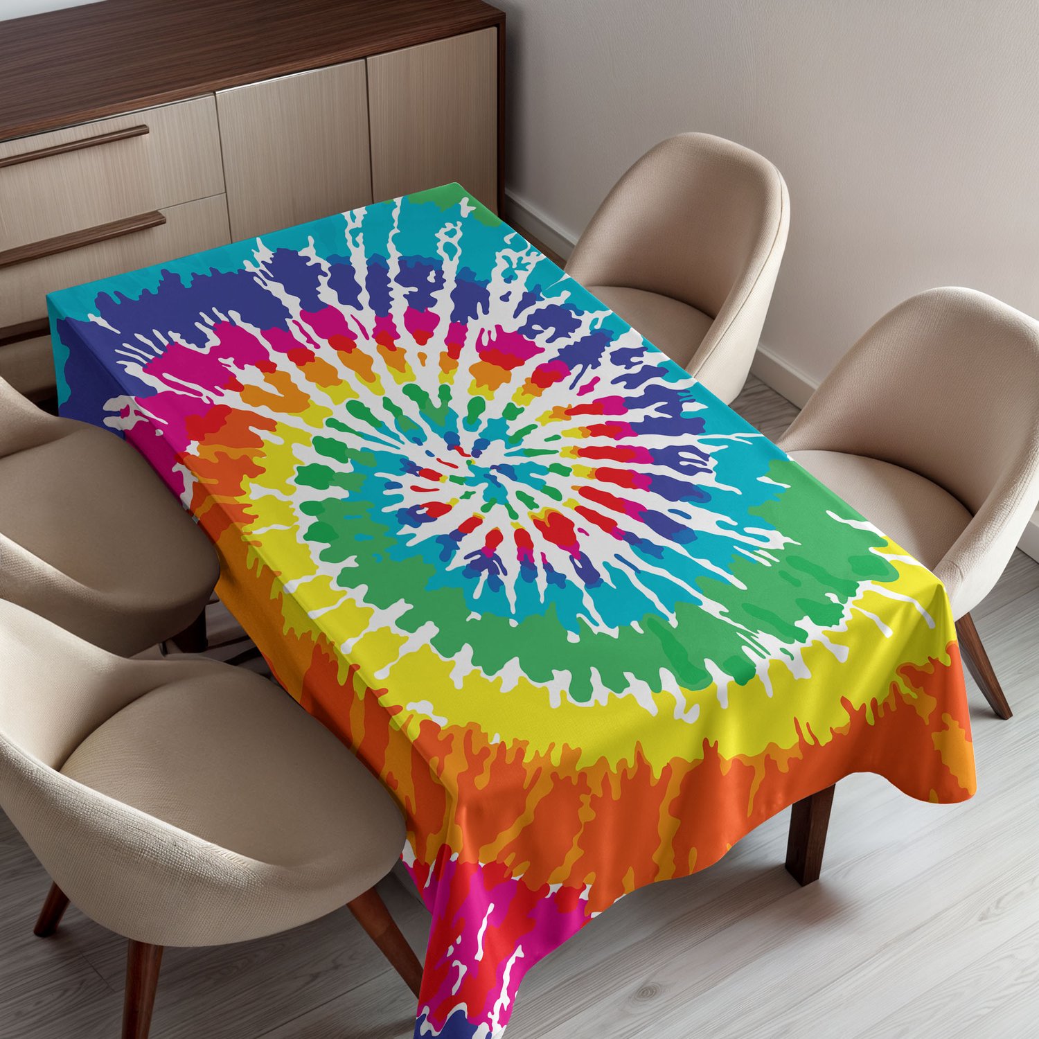 ABAKUHAUS Regenboog Tafelkleed, Digitale Spiraalwerveling met Levendige Regenboogkleuren Sixties Ikat Psychedelisch Patroon, Rechthoekig Tafelkleed voor Woonkamer Keuken en Eetkamer Decoratie, 150 x 200 cm, Groen Oranje