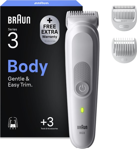Braun Series 3 Body groomer, grijs, met twee opzetkammen.