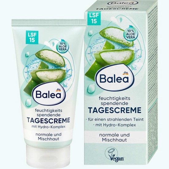 Balea hydraterende dagcrème met SPF 15 en aloë vera, in tube en doosje voor normale en gemengde huid.