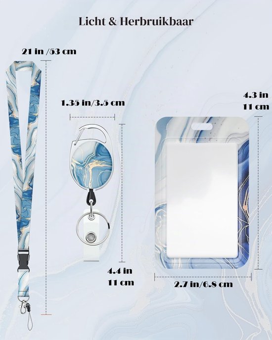 Stijlvolle Badgehouder met Retractable Reel en Afneembare Lanyard - Blauwe Marmerlook, Verticale Kaartbeschermer voor Werk en Evenementen — afbeelding 5