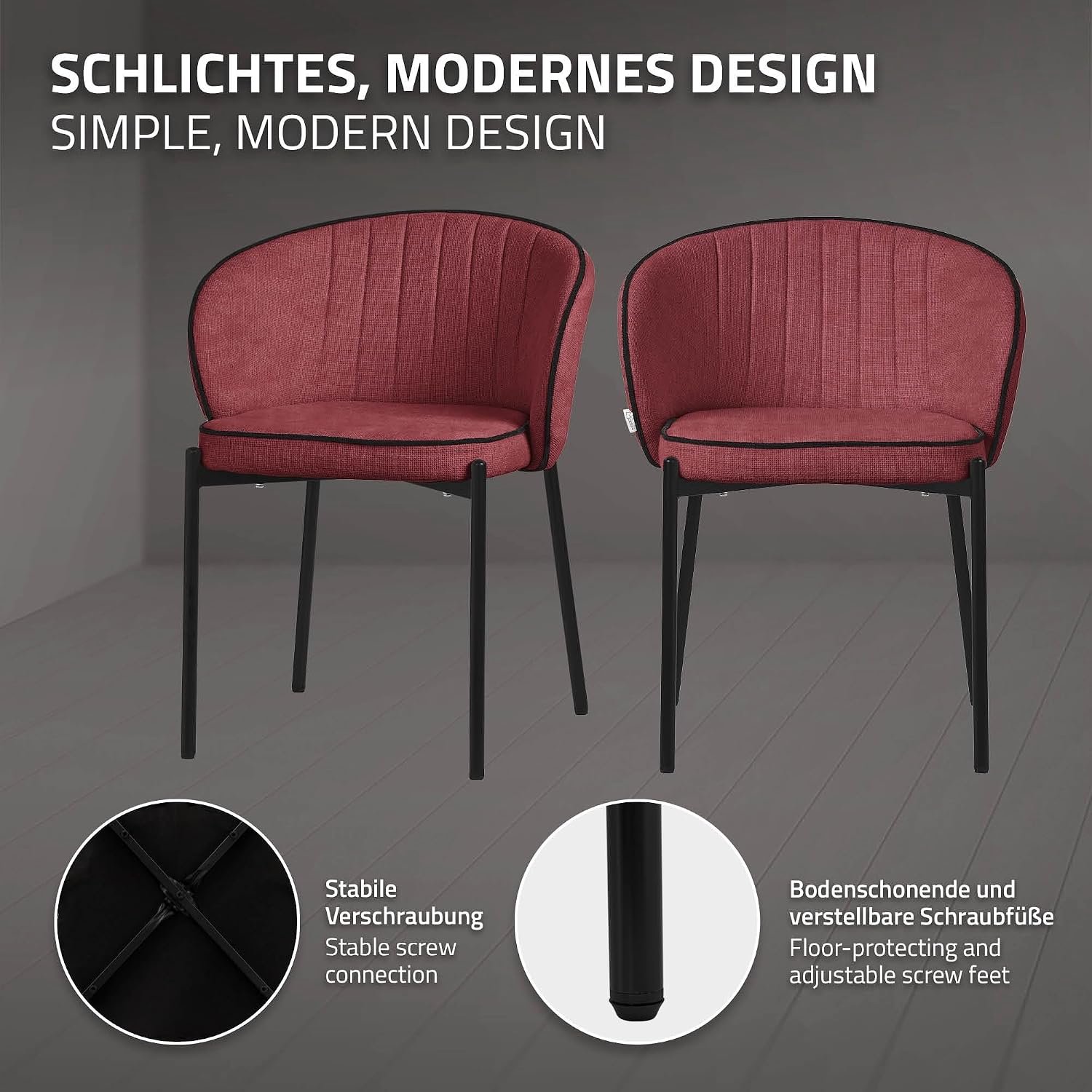 Moderne Rode Gestoffeerde Eetkamerstoelen met Ergonomische Rugleuning en Zwarte Metalen Poten – Comfortabele Stoffen Keukenstoelen met Zachte Zitting – Set van 4 – 59 x 60 x 72 cm