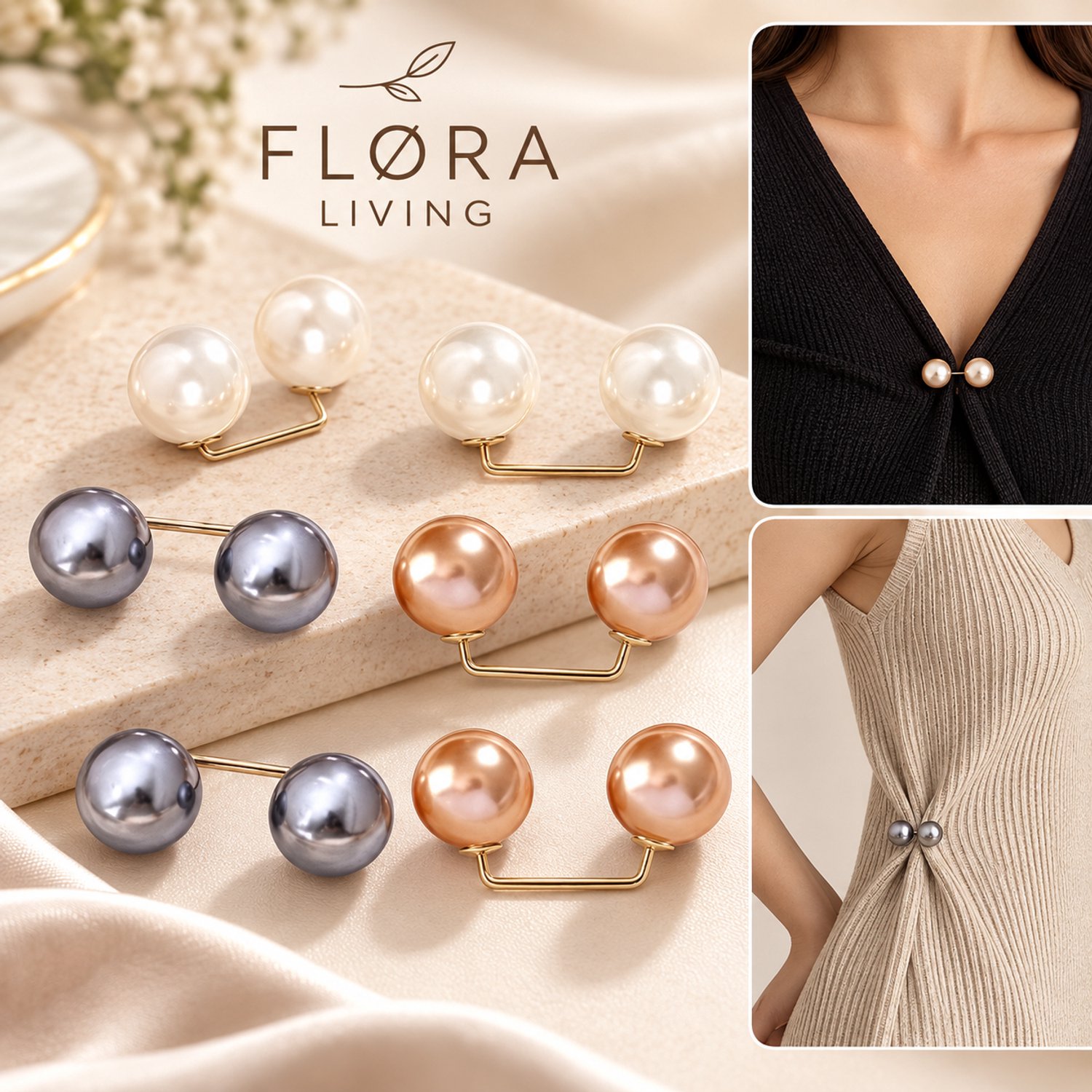 FLØRA Living Vestsluiting Parelclip - 6 stuks - 12 mm - Vestclip Dames - Antislip
