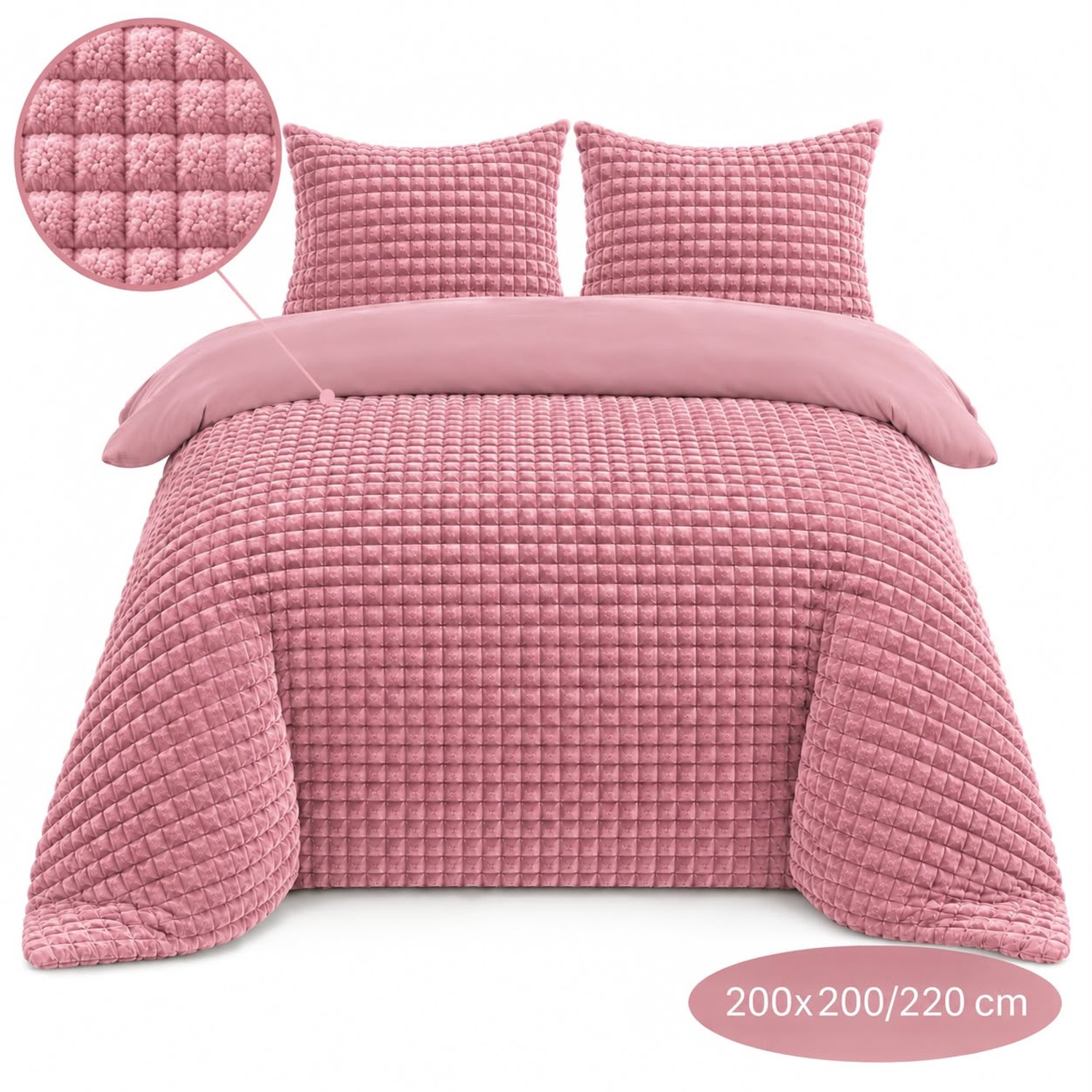 Roden Blue - Popcorn fleece dekbedovertrek set - 200x200/220 cm - Roze - Zacht - Anti-allergeen - Wasbaar
