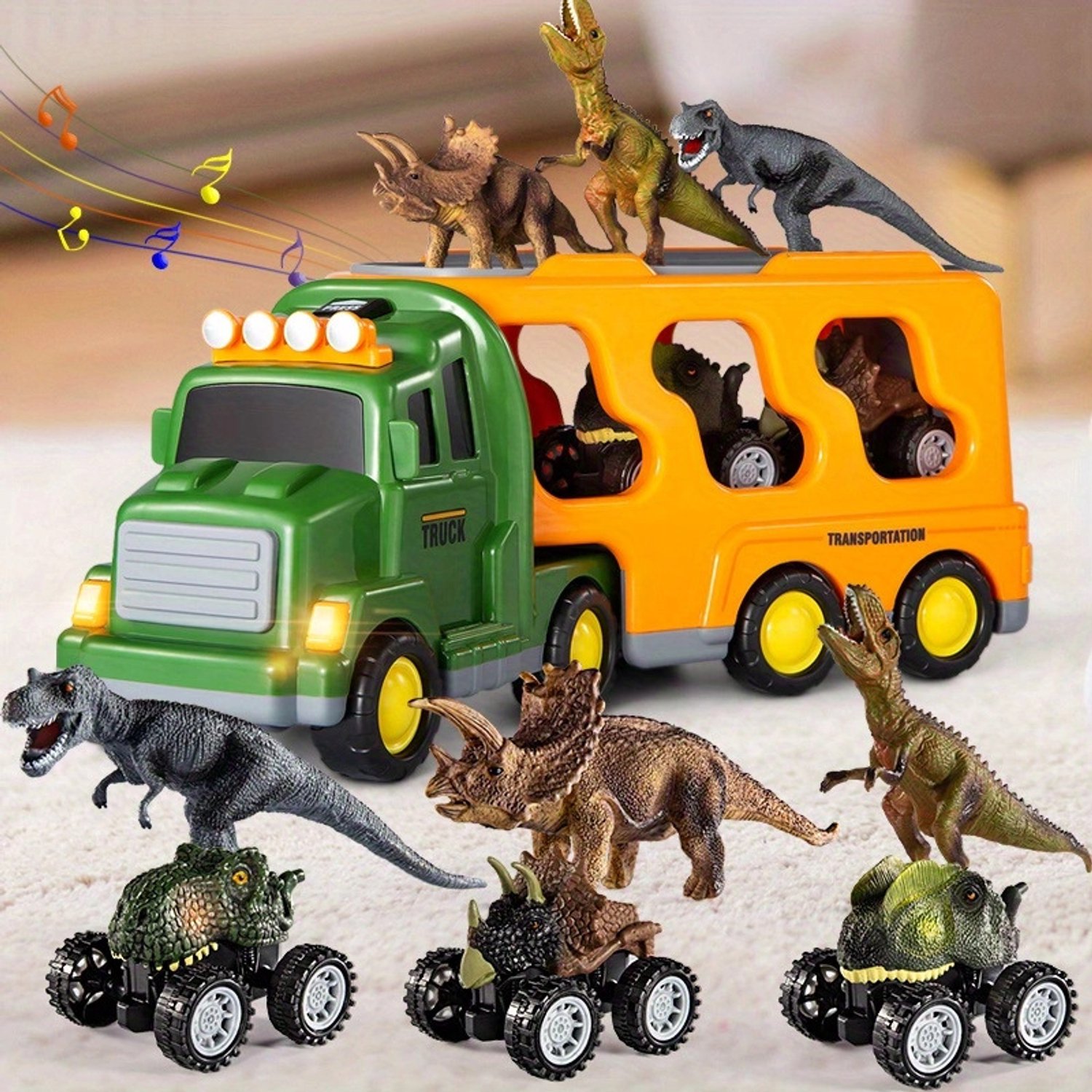 Dinosaurus Brandweerauto Speelgoed – Wrijvingsaangedreven Transportvoertuig met Verlichting en Muziek – Dubbele Opberglaag – Verjaardagscadeau voor Kinderen van 3-7 Jaar