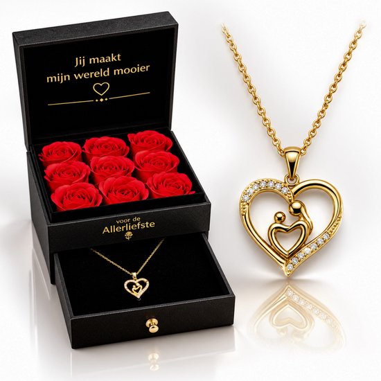 Zwarte geschenkdoos met rode rozen en een gouden hartketting met moeder-kind figuur en zirkonia details.