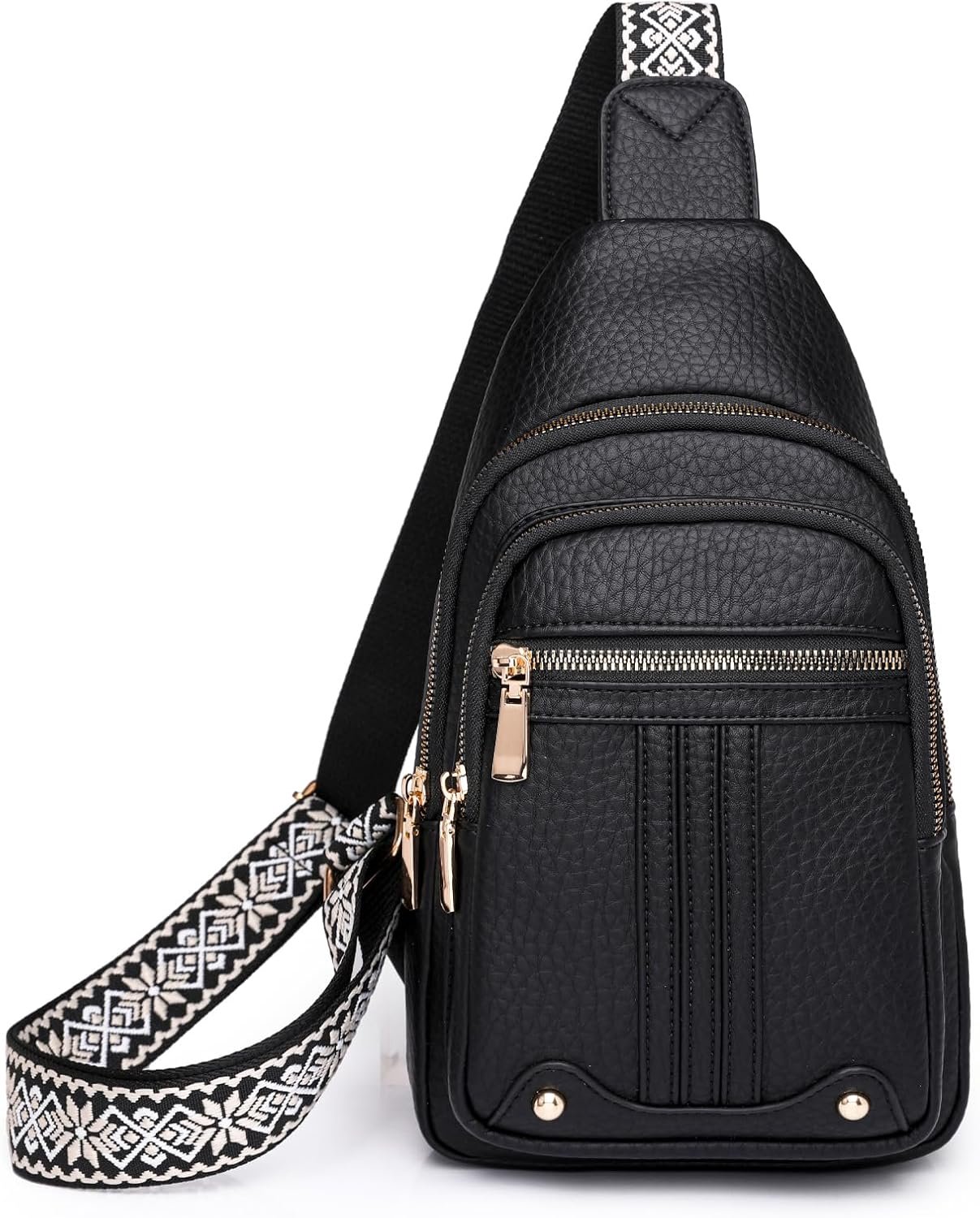 Schoudertas dames - Crossbody met ritsvakken - Borsttas voor dagelijkse uitstapjes - Slingbag met geweven patroon - Zachte kunstleren afwerking - Verstelbare brede draagriem - Zwart - 18 x 6 x 30 cm