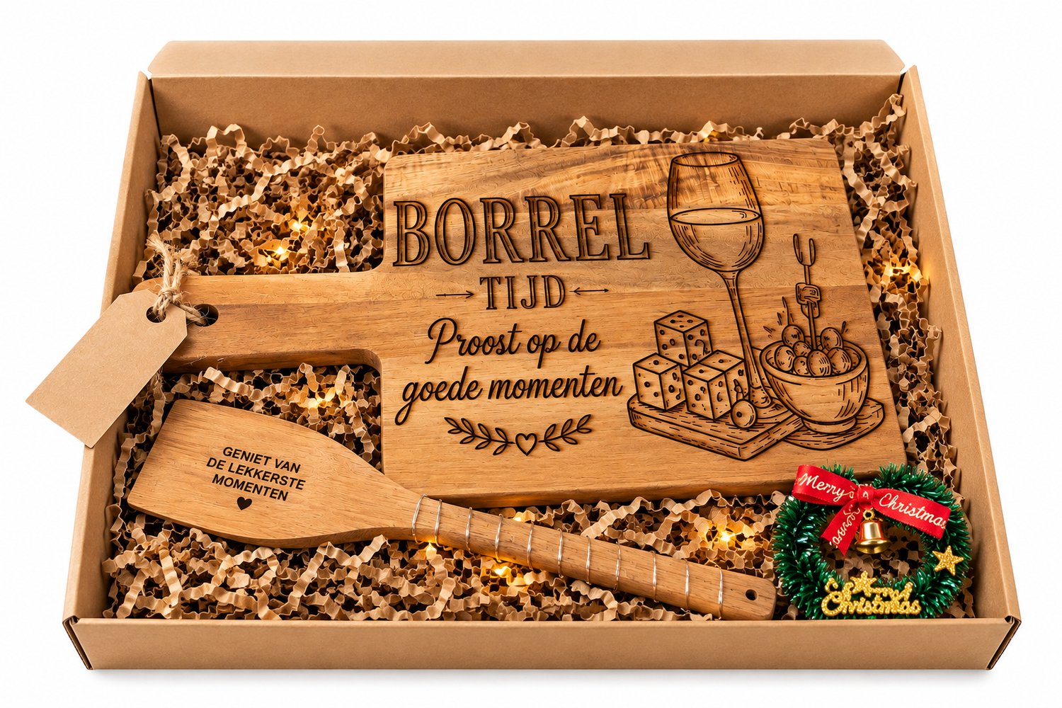 Kerst Cadeaubox – Borrelplank met Gravure – Houten Spatel – LED Verlichting – Luxe Kerstpakket – Borrel Cadeau – Geschenkset voor Hem en Haar