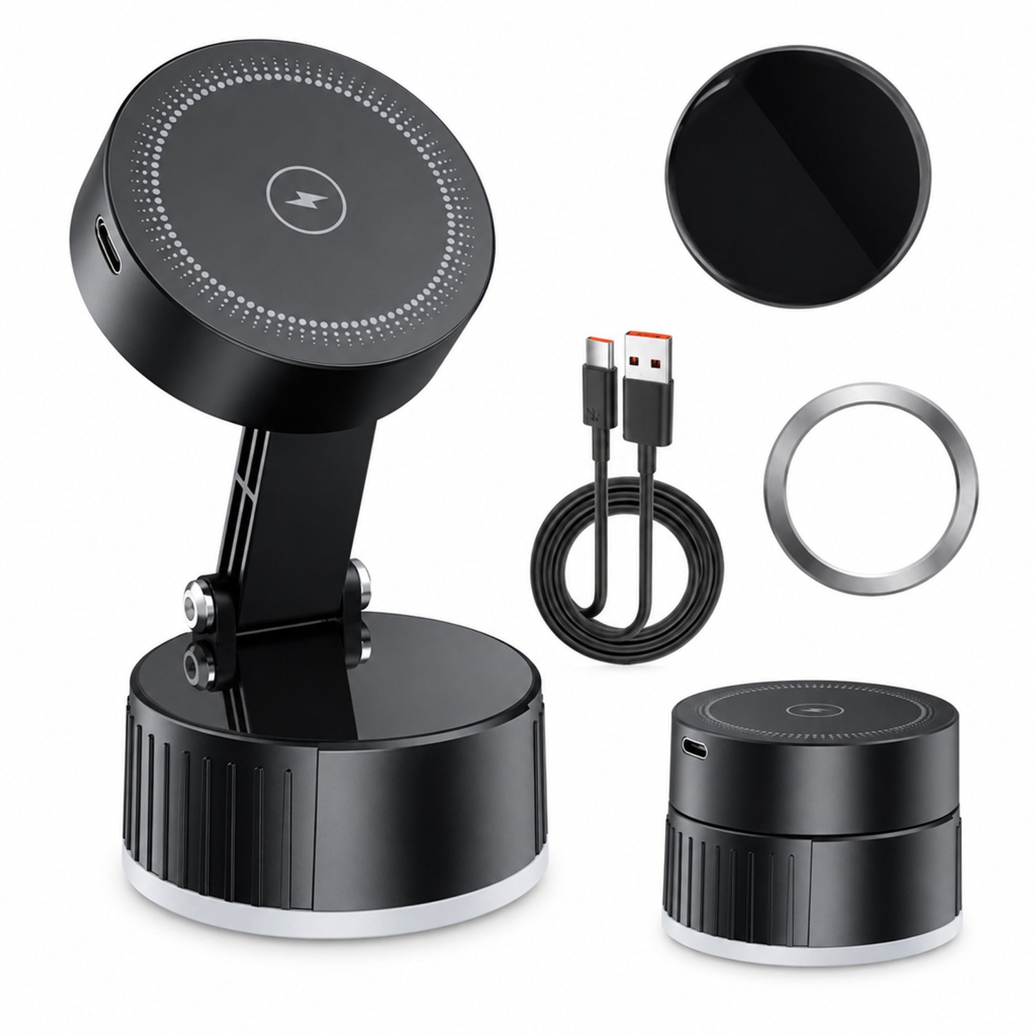 Telefoonhouder voor auto met magnetische bevestiging, opvouwbaar ontwerp en vacuümvoet, obsidiaanzwart