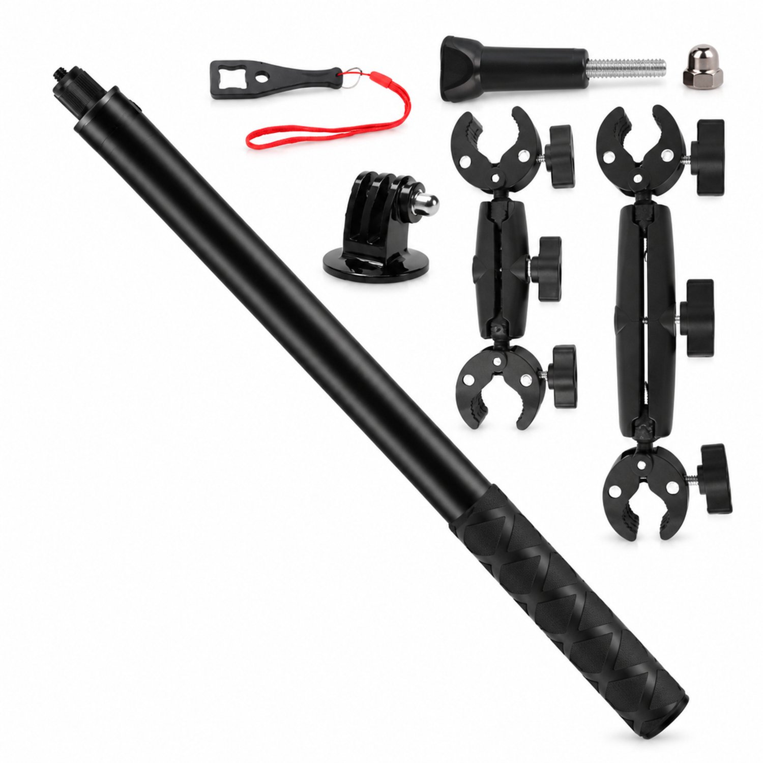Telefoonhouder voor motorfietsen met dubbele klem en antitrillingsfunctie voor telefoon en actiecamera inclusief onderdelen van 9 inch en 12 inch een selfiestick 1.2 een sleutel en een adapter
