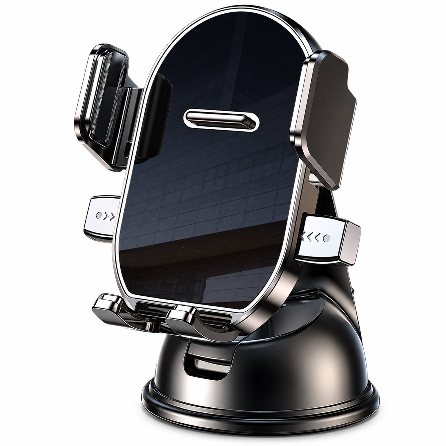 Telefoonhouder voor in de auto met zuignapvoet, éénknops klemming en liggende of staande stand