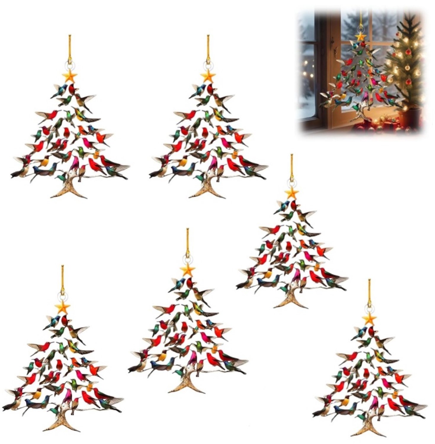 6 Stuks Kolibrie Kerstdecoraties - Platte Kolibries van Gekleurd Acryl - Winterdecoraties voor Kerstboom - Gestapelde Kolibries voor Woondecoratie - Cadeaus voor Vogelliefhebbers