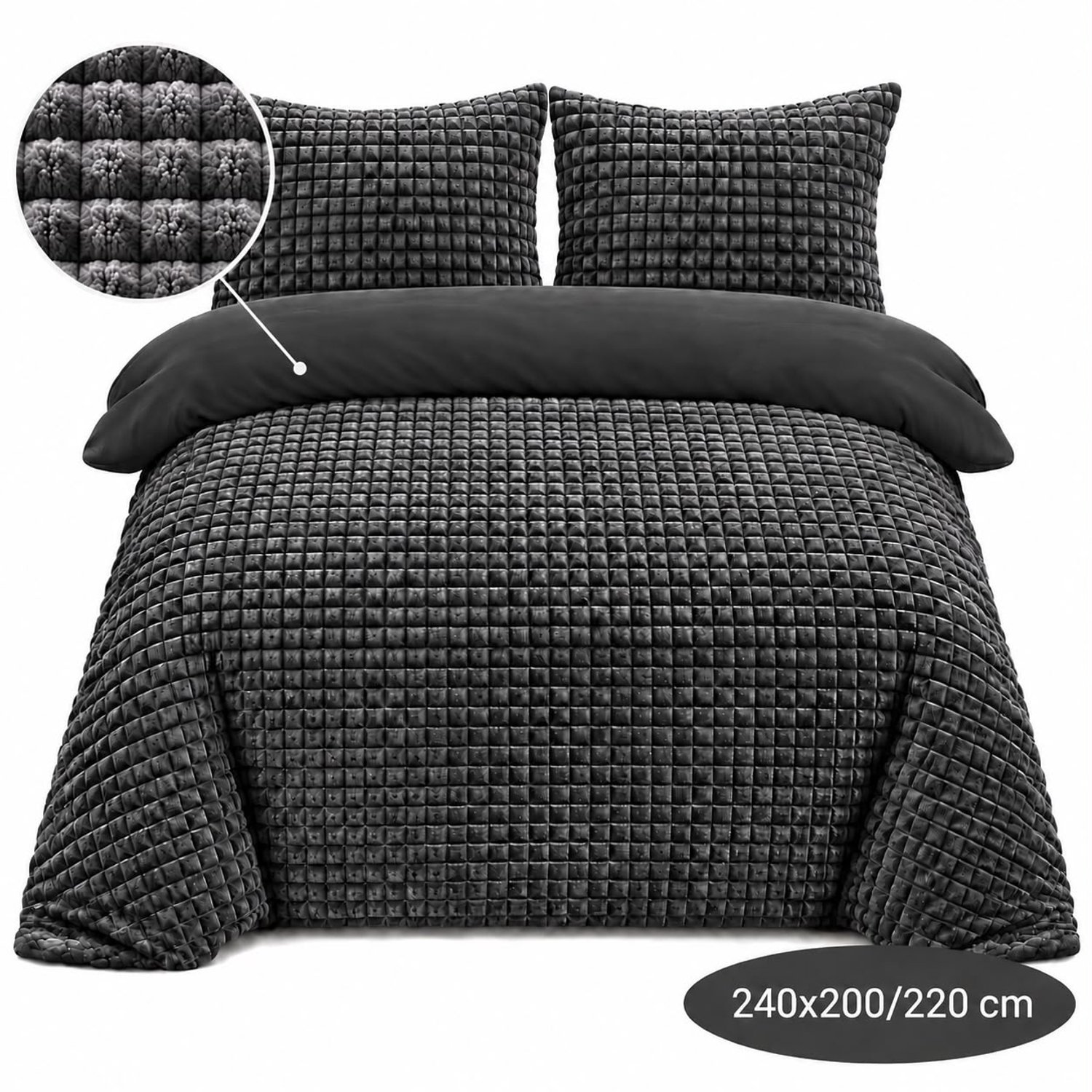 Roden Blue - Popcorn fleece dekbedovertrek set - 240x200/220 cm - Antraciet - Zacht - Anti-allergeen - Wasbaar