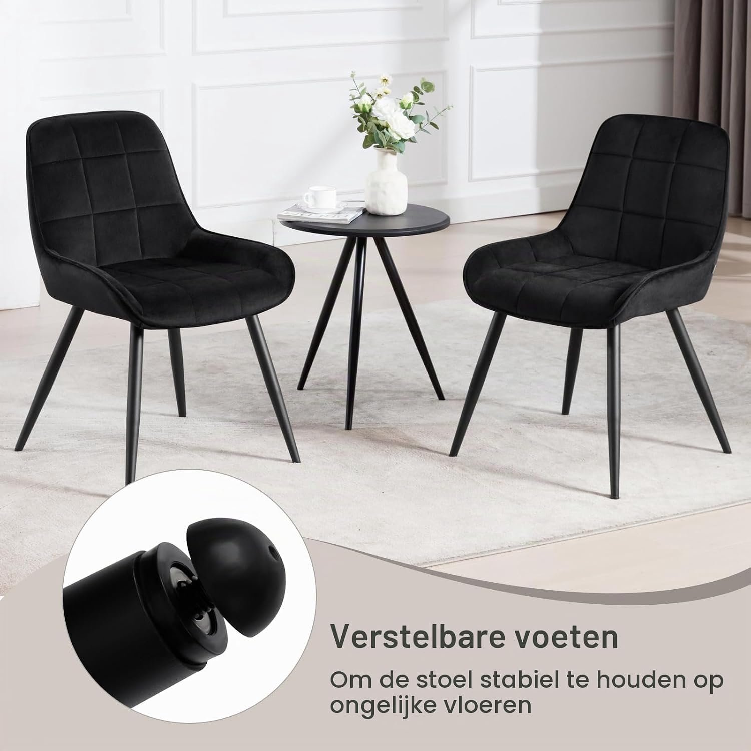 Scandinavische Eetkamerstoelen Velvet Zwart Set van 4 – Ergonomische Gestoffeerde Kuipstoelen met Gebogen Rugleuning, Zwart Metalen Onderstel en Vloerbeschermers, 150 kg Draagvermogen, 51 x 52 x 81,5 cm