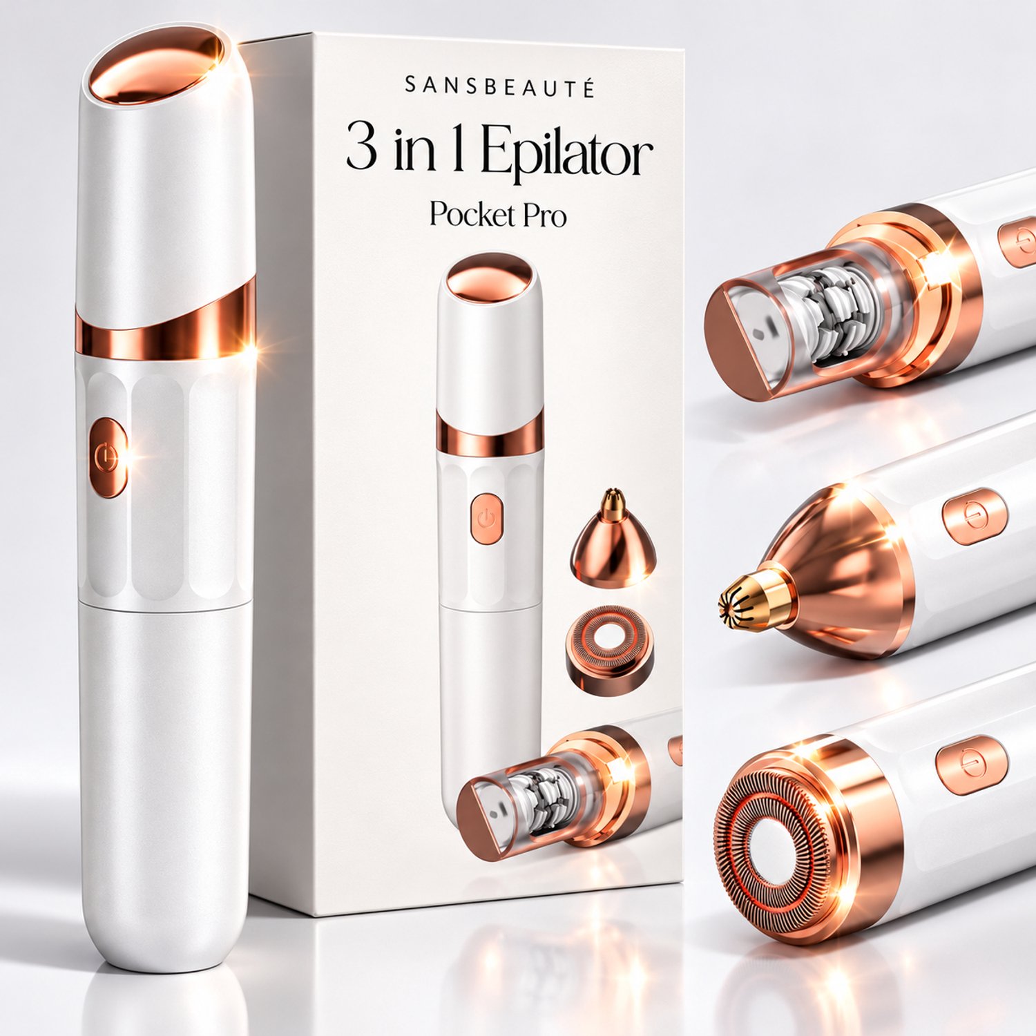 Sansbeauté 3 in 1 Epilator voor Vrouwen PocketPRO met Travel Bag - Epileerapparaat Dames - Epilator - Gezichtsepilator Vrouw - Gezichtsontharing Dames - Epilator Gezicht - Epilator Dames - Gezichtsepilator dames - Oplaadbaar - Wit