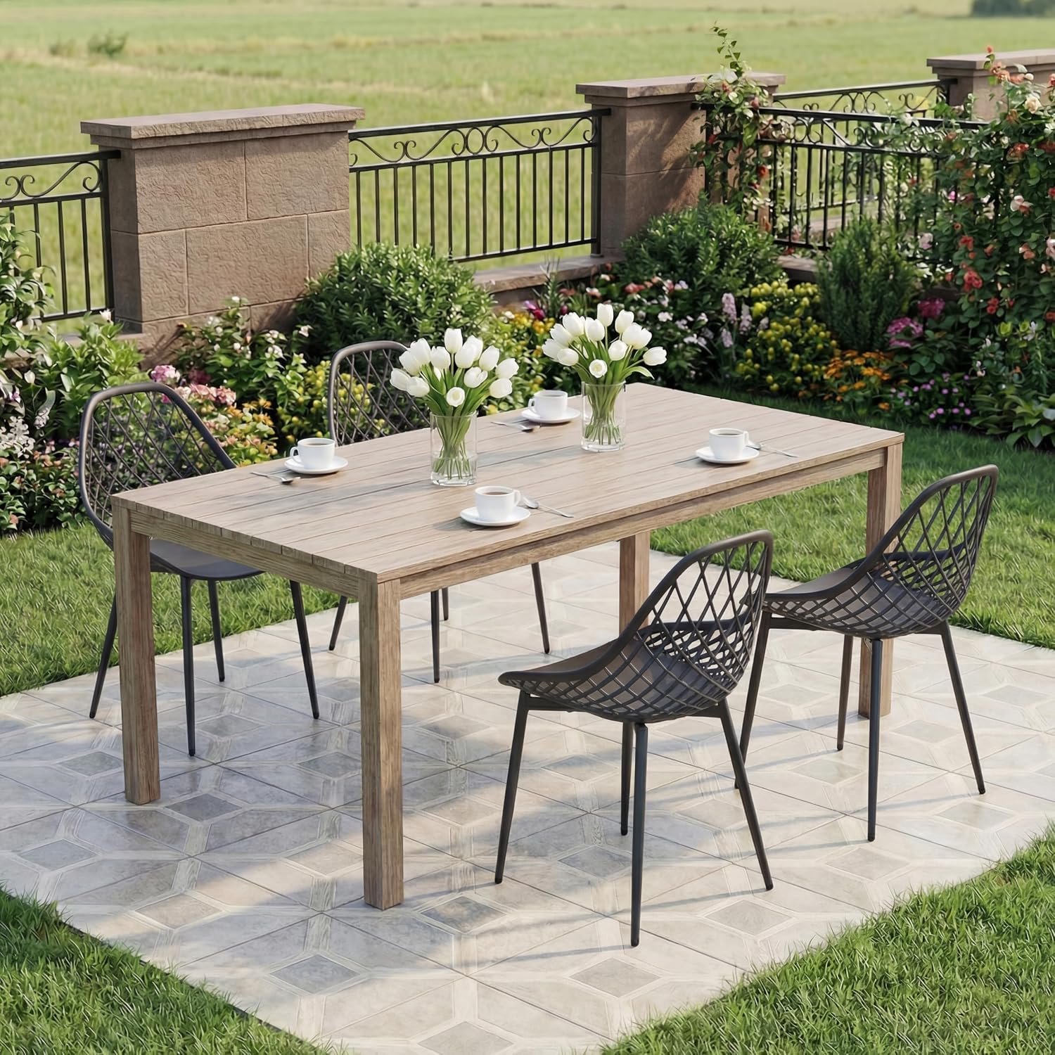 Set van 6 Tuinstoelen met Metalen Frame, Verstelbare Voetdoppen, Ergonomische Zitting en Kruisrugleuning, Zwart – Terrasstoelen voor Tuin, Balkon en Patio